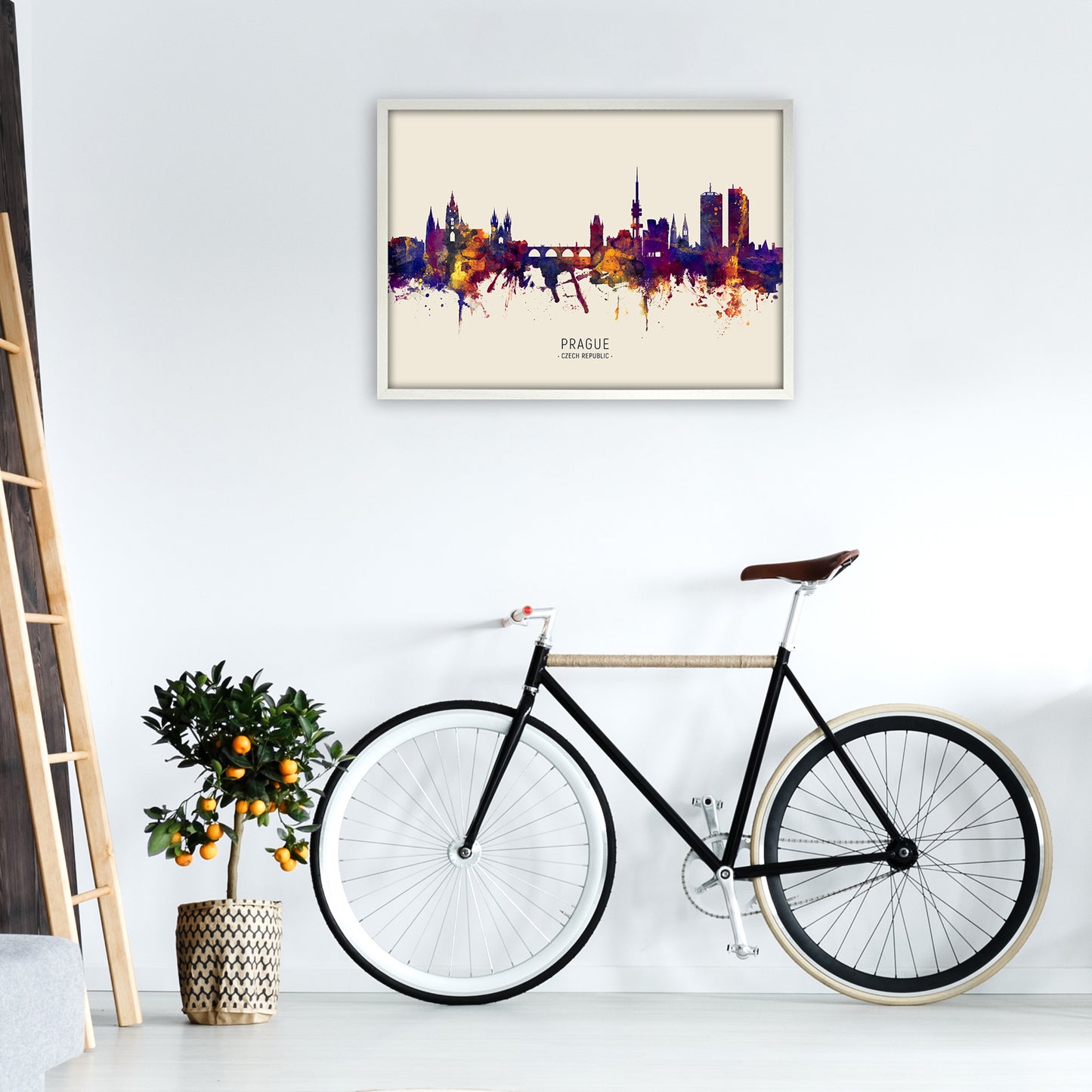 Prague Czech Republic Skyline Autumn City Name Art Print by Michael Tompsett A1 Oak Frame