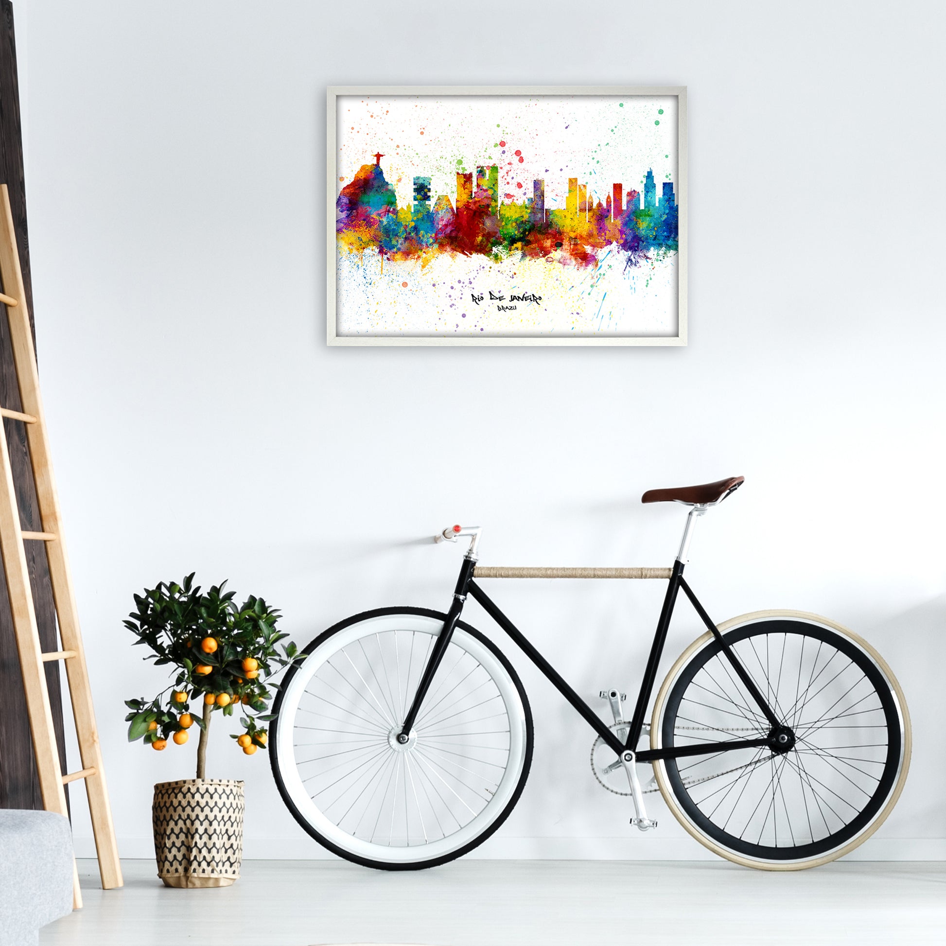 Rio De Janeiro Brazil Skyline Splash Art Print by Michael Tompsett A1 Oak Frame