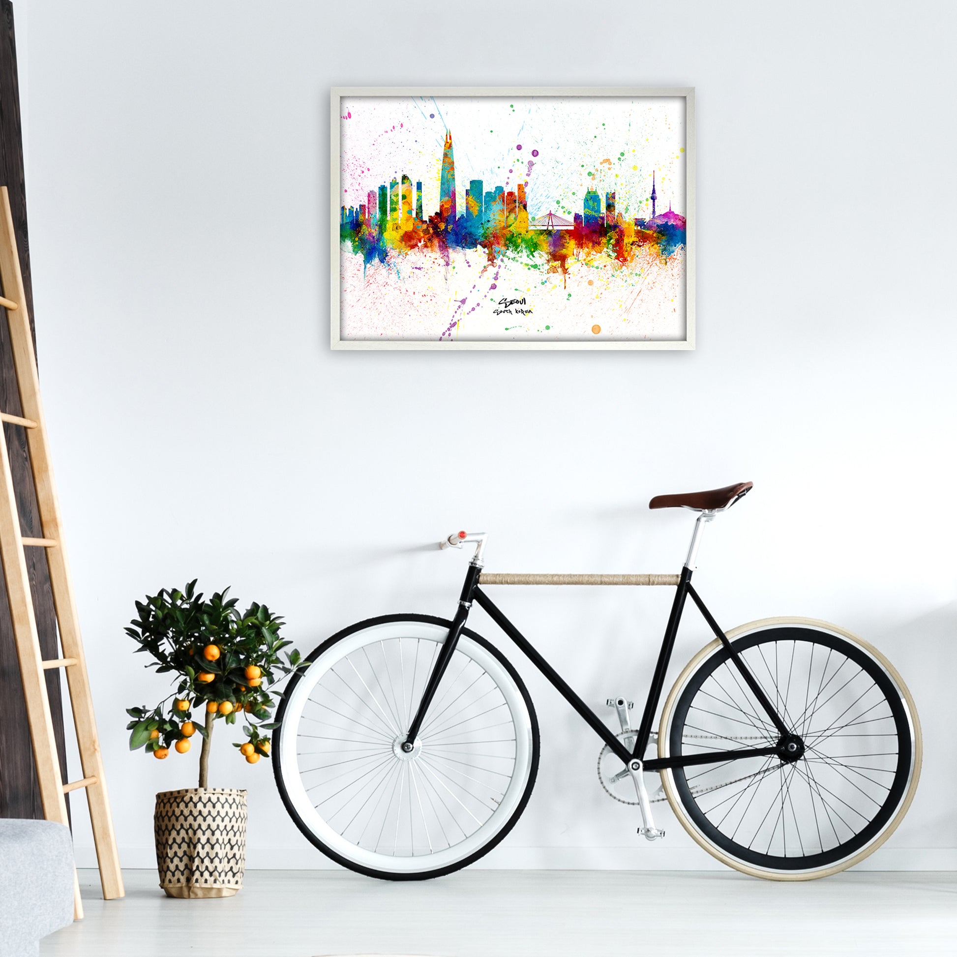 Seoul South Korea Skyline Splash Art Print by Michael Tompsett A1 Oak Frame