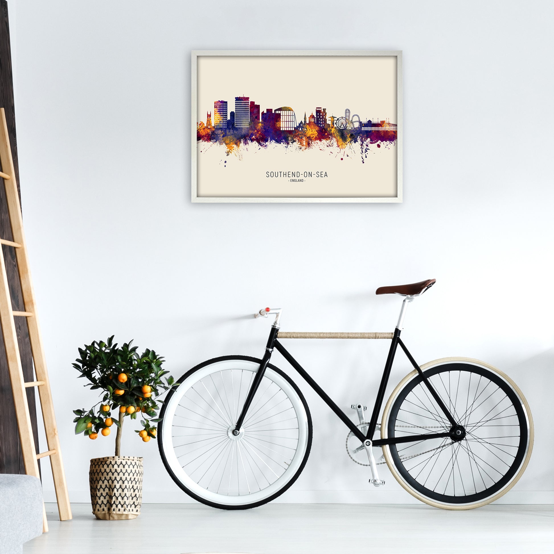 Southend-On-Sea England Skyline Autumn City Name Art Print by Michael Tompsett A1 Oak Frame