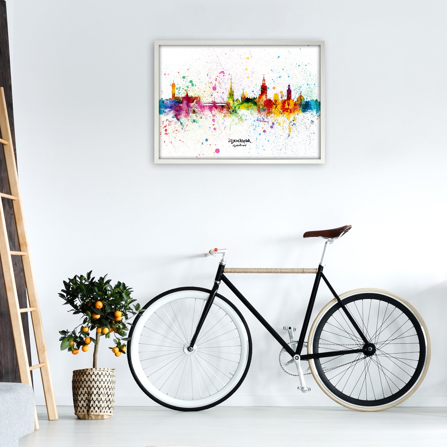 Stockholm Sweden Skyline Splash Art Print by Michael Tompsett A1 Oak Frame