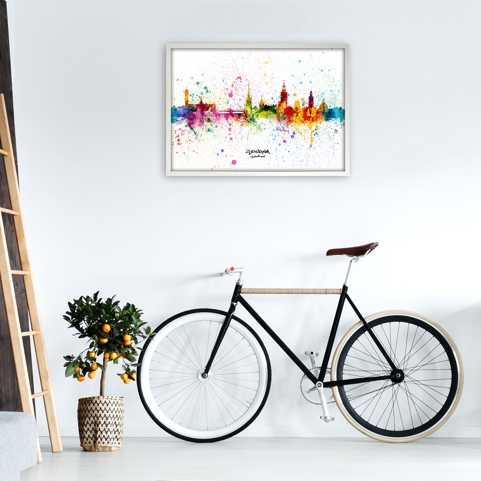 Stockholm Sweden Skyline Splash Art Print by Michael Tompsett A1 Oak Frame