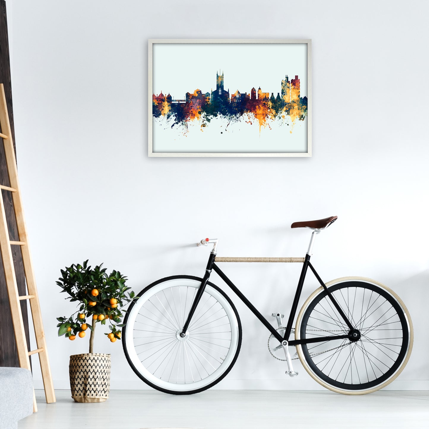 Stoke-On-Trent England Skyline Blue Orange Art Print by Michael Tompsett A1 Oak Frame