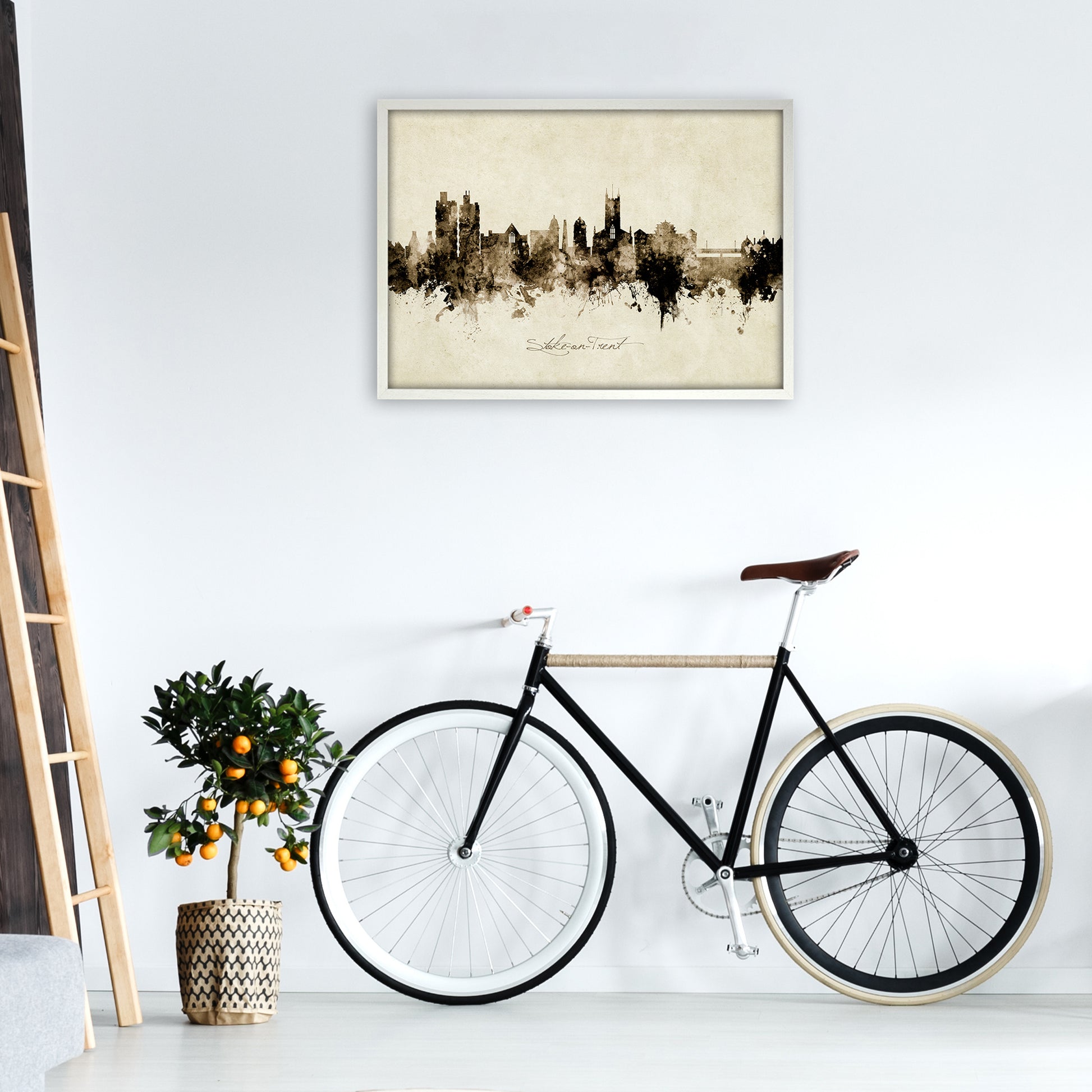 Stoke-On-Trent England Skyline Vintage Art Print by Michael Tompsett A1 Oak Frame