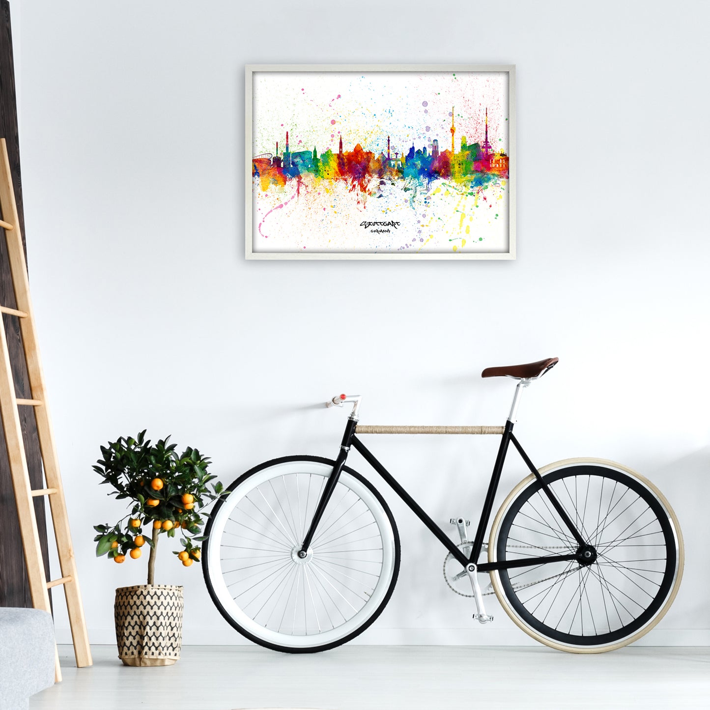 Stuttgart Germany Skyline Splash Art Print by Michael Tompsett A1 Oak Frame