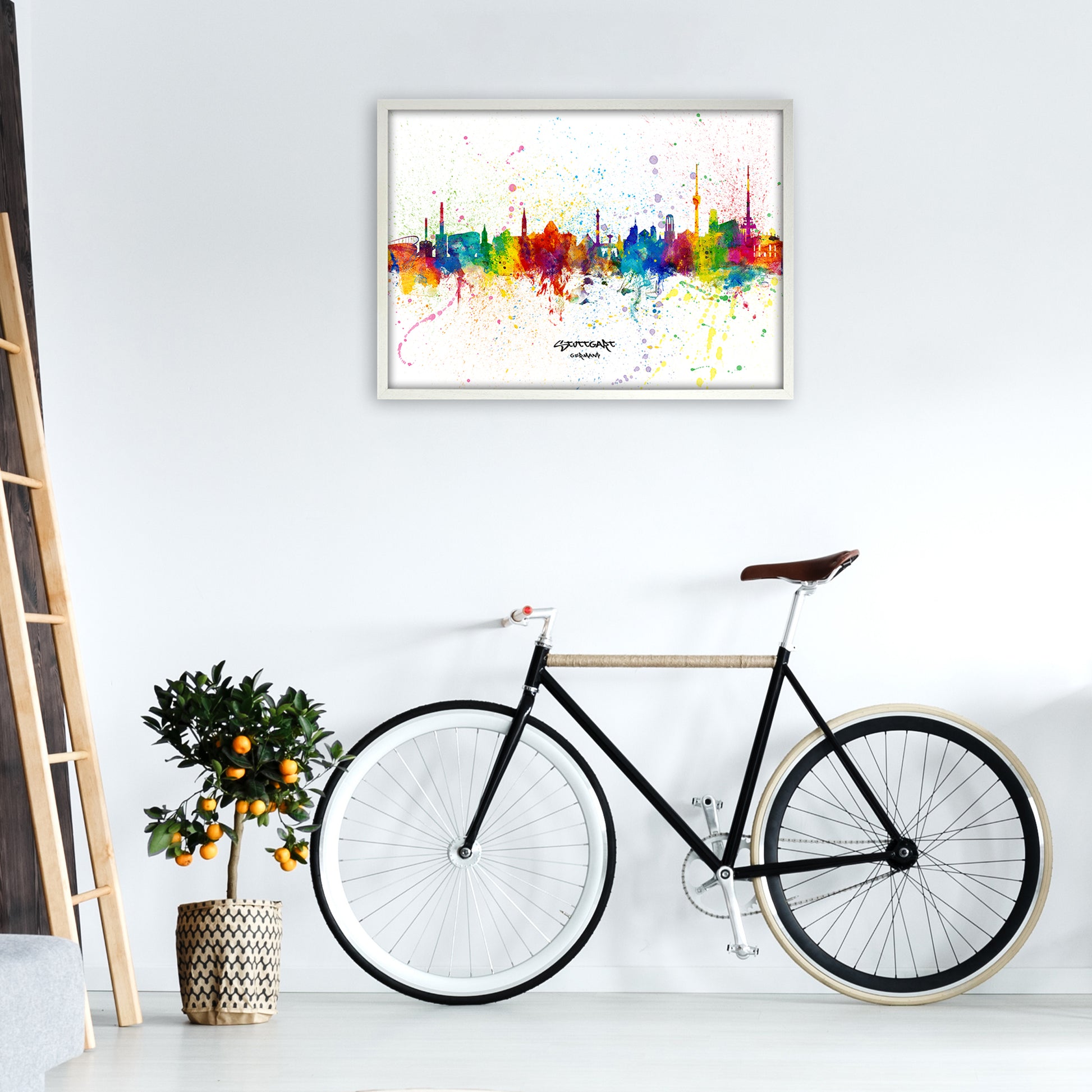 Stuttgart Germany Skyline Splash Art Print by Michael Tompsett A1 Oak Frame