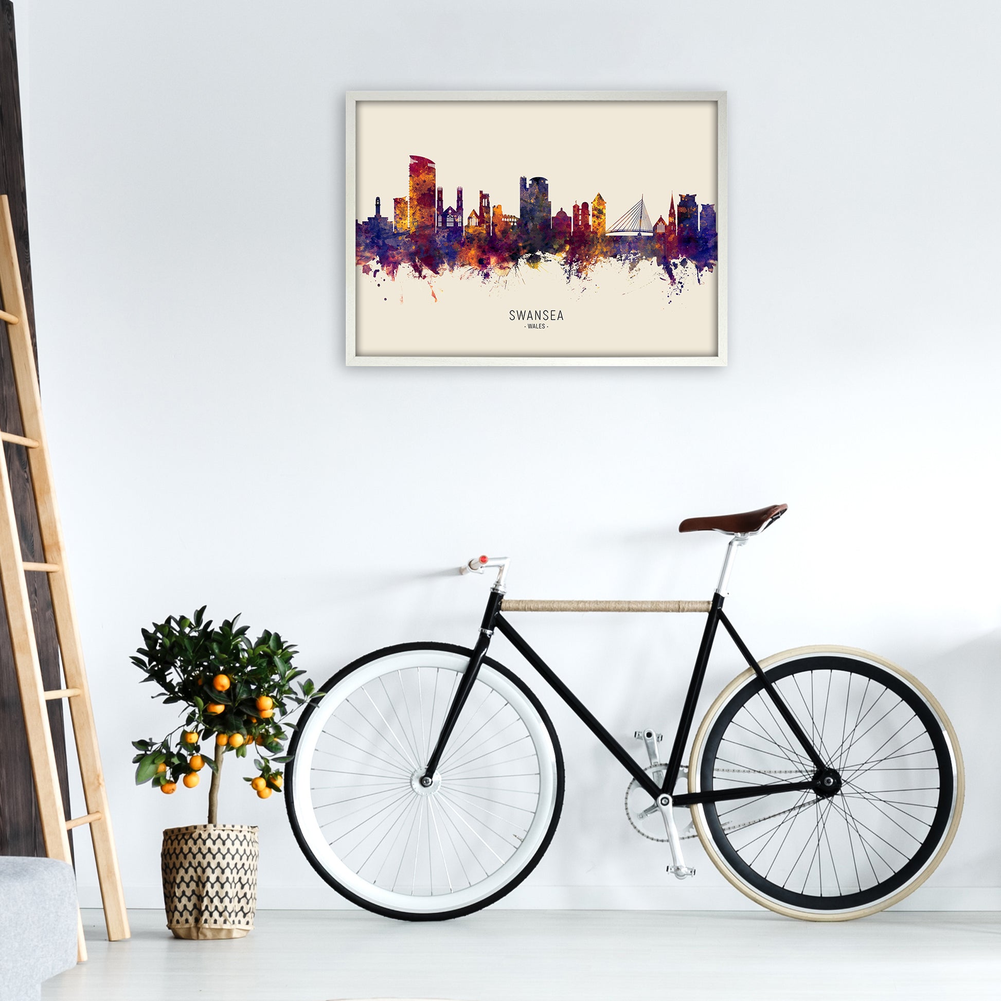 Swansea Wales Skyline Autumn City Name Art Print by Michael Tompsett A1 Oak Frame