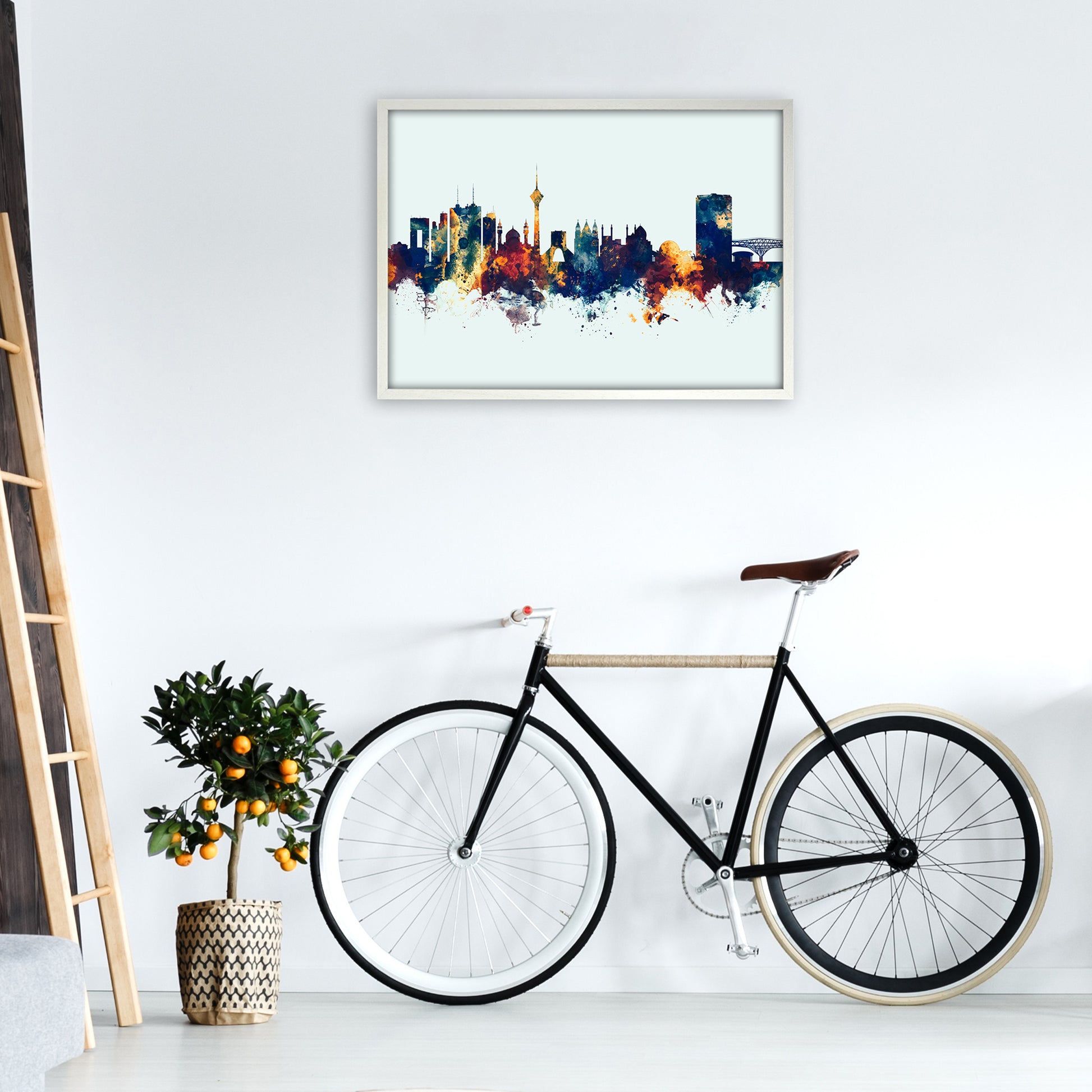 Tehran Iran Skyline Blue Orange Art Print by Michael Tompsett A1 Oak Frame