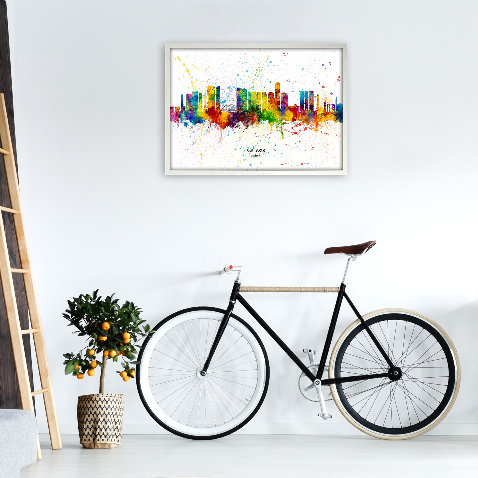 Tel Aviv Israel Skyline Splash Art Print by Michael Tompsett A1 Oak Frame