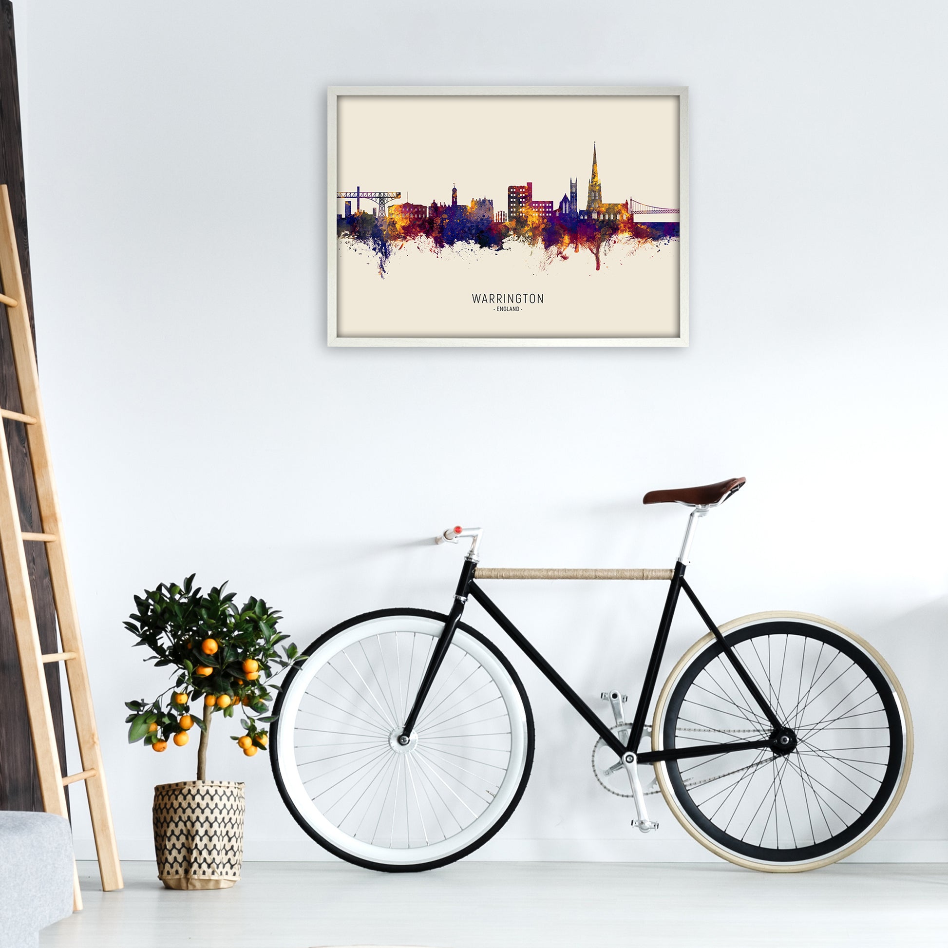 Warrington England Skyline Autumn City Name Art Print by Michael Tompsett A1 Oak Frame