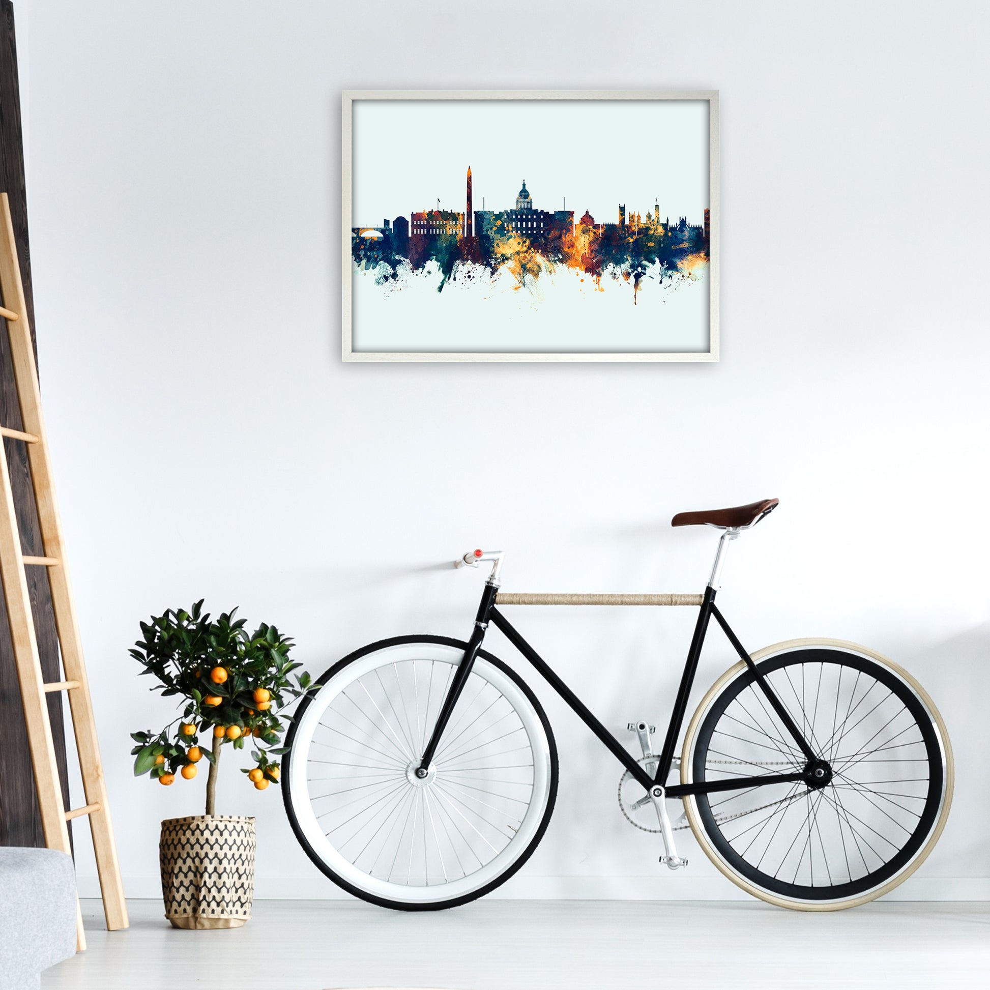 Washington Dc Skyline Blue Orange Art Print by Michael Tompsett A1 Oak Frame