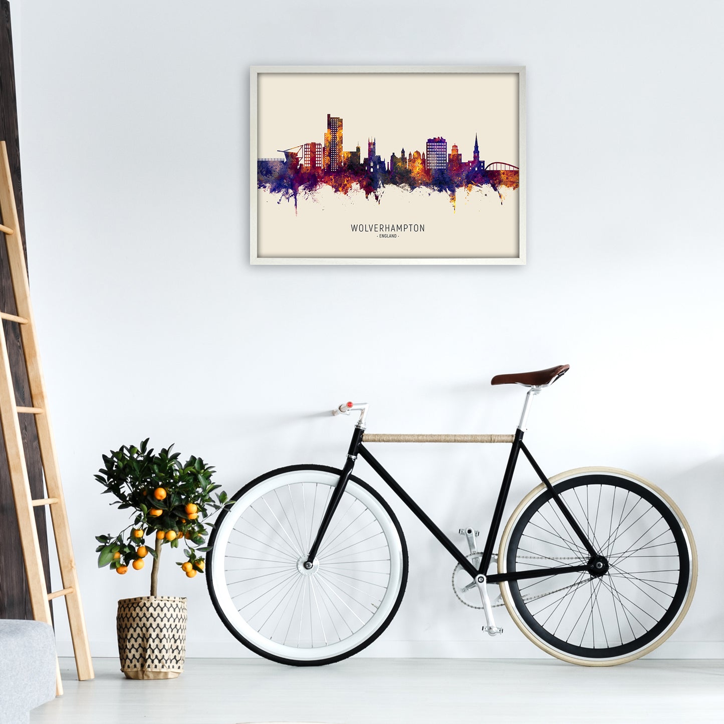 Wolverhampton England Skyline Autumn City Name Art Print by Michael Tompsett A1 Oak Frame