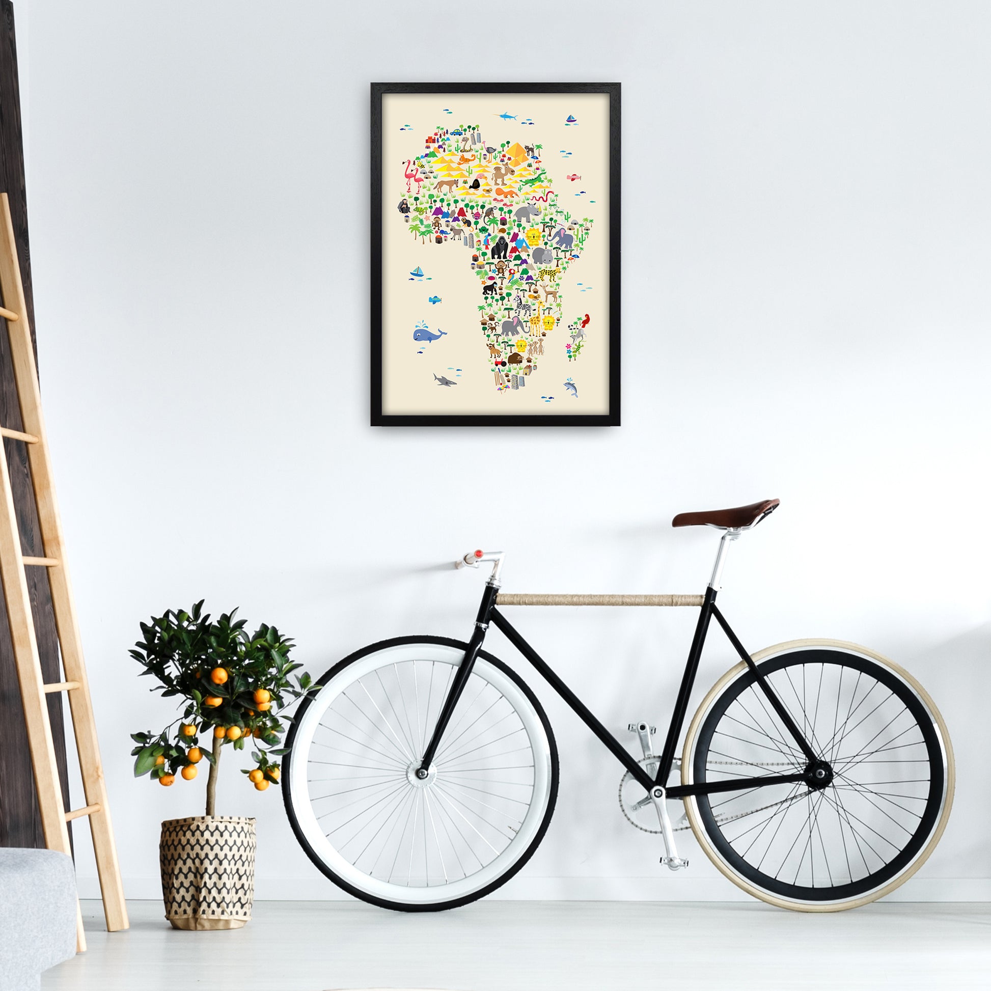 Animal Map of Africa Beige  Art Print by Michael Tompsett A2 White Frame