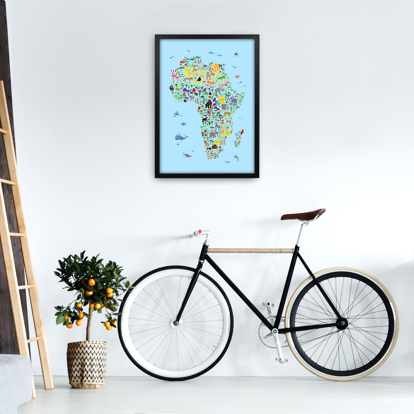 Animal Map of Africa Blue Nursery Print by Michael Tompsett A2 White Frame