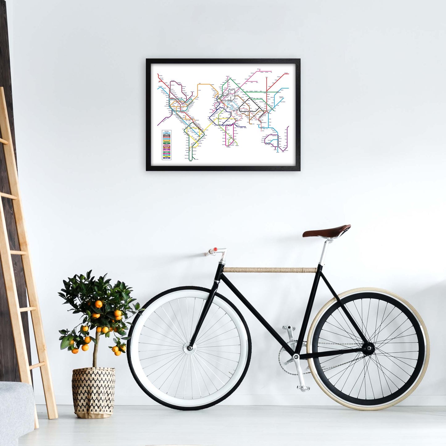 World Metro Map Underground Art Print by Michael Tompsett A2 White Frame