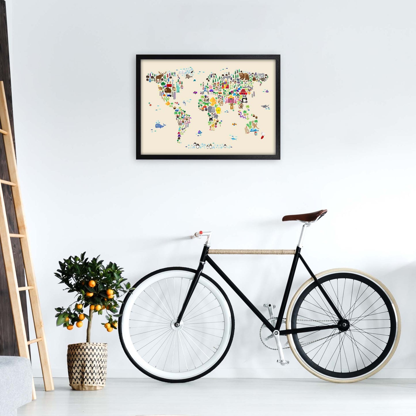 Animal Map of the World Beige Art Print by Michael Tompsett A2 White Frame