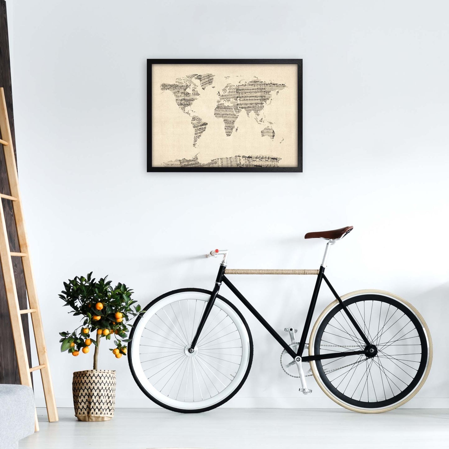 Sheet Music Map of the World Art Print by Michael Tompsett A2 White Frame