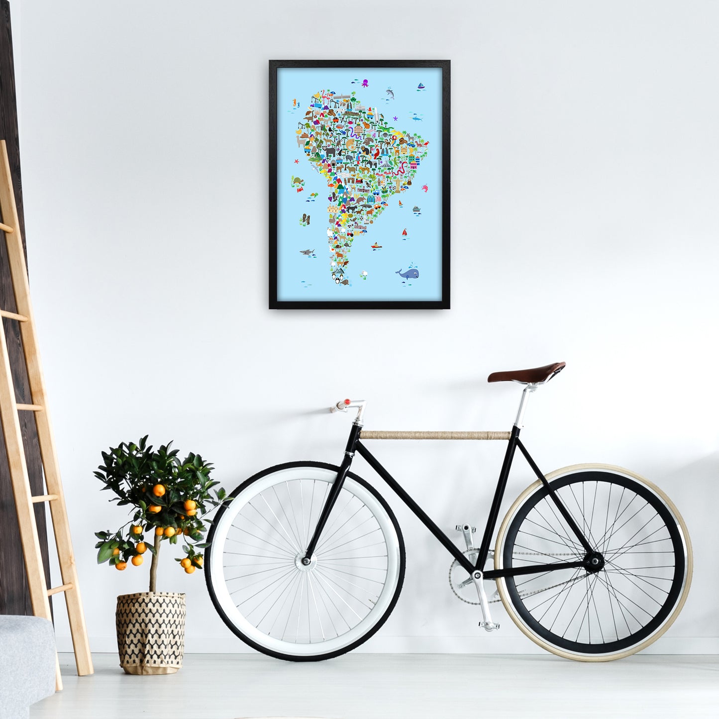 Animal Map of South America Blue Print by Michael Tompsett A2 White Frame