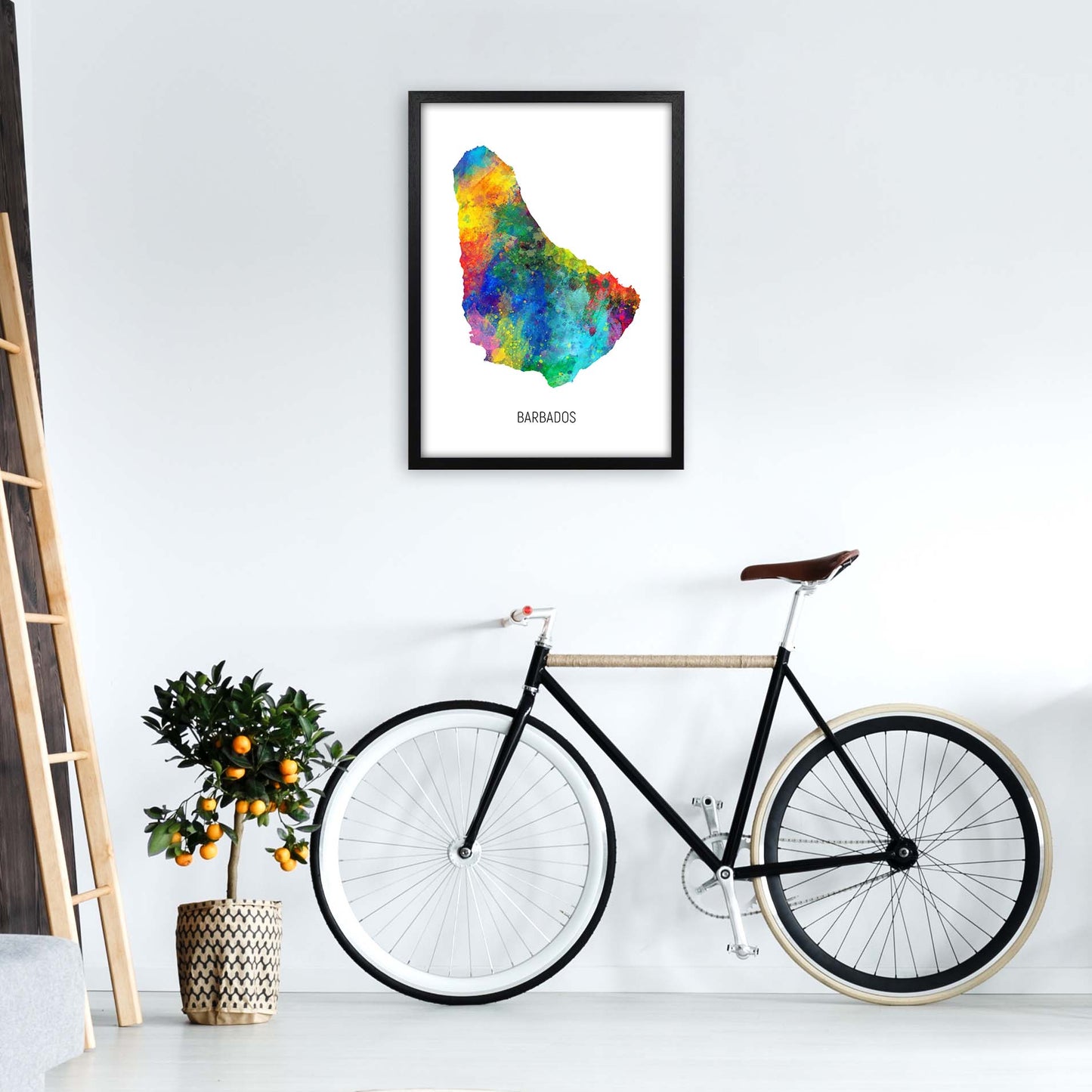Barbados Watercolour Map Art Print by Michael Tompsett A2 White Frame
