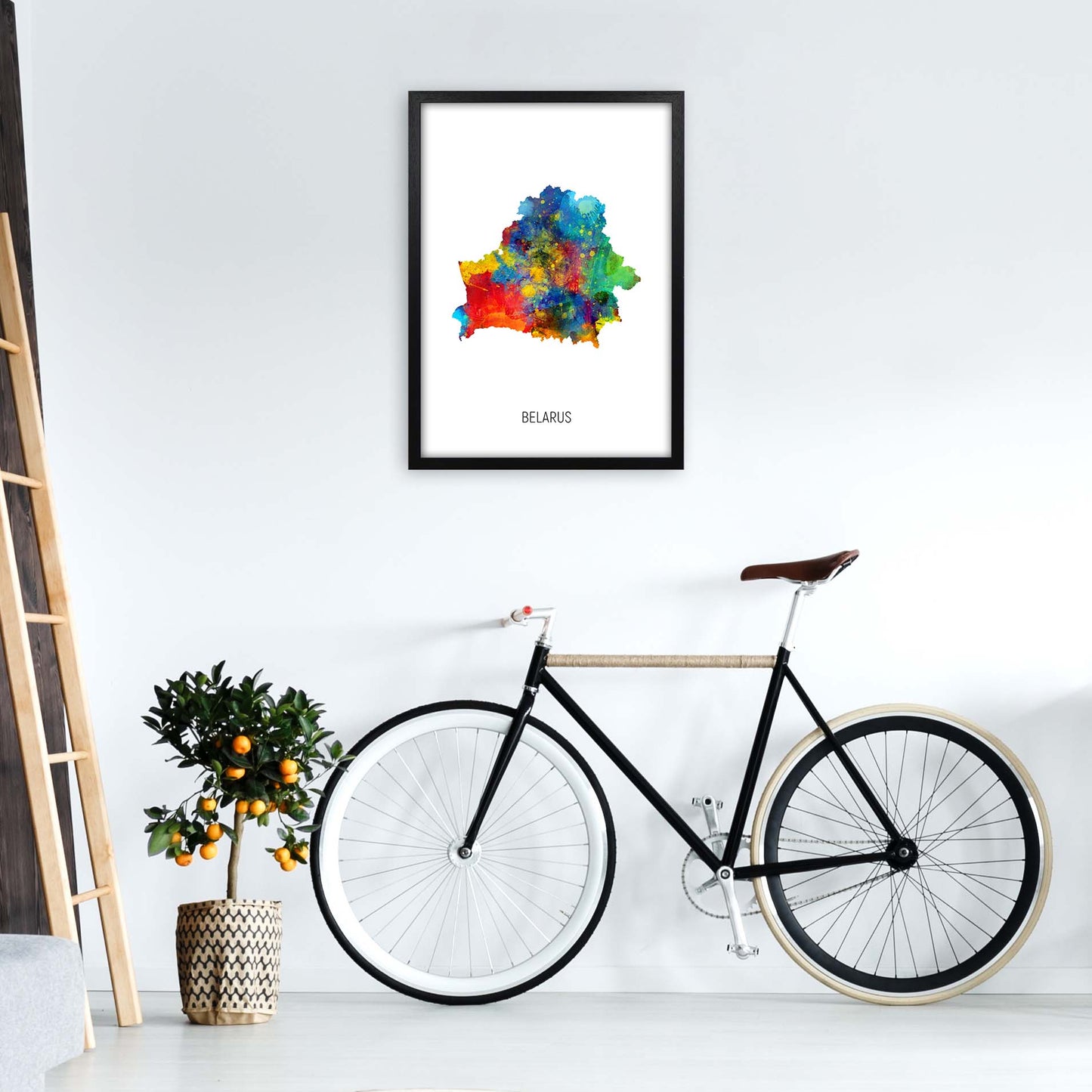 Belarus Watercolour Map Art Print by Michael Tompsett A2 White Frame