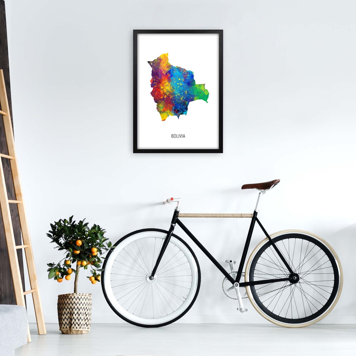 Bolivia Watercolour Map Art Print by Michael Tompsett A2 White Frame