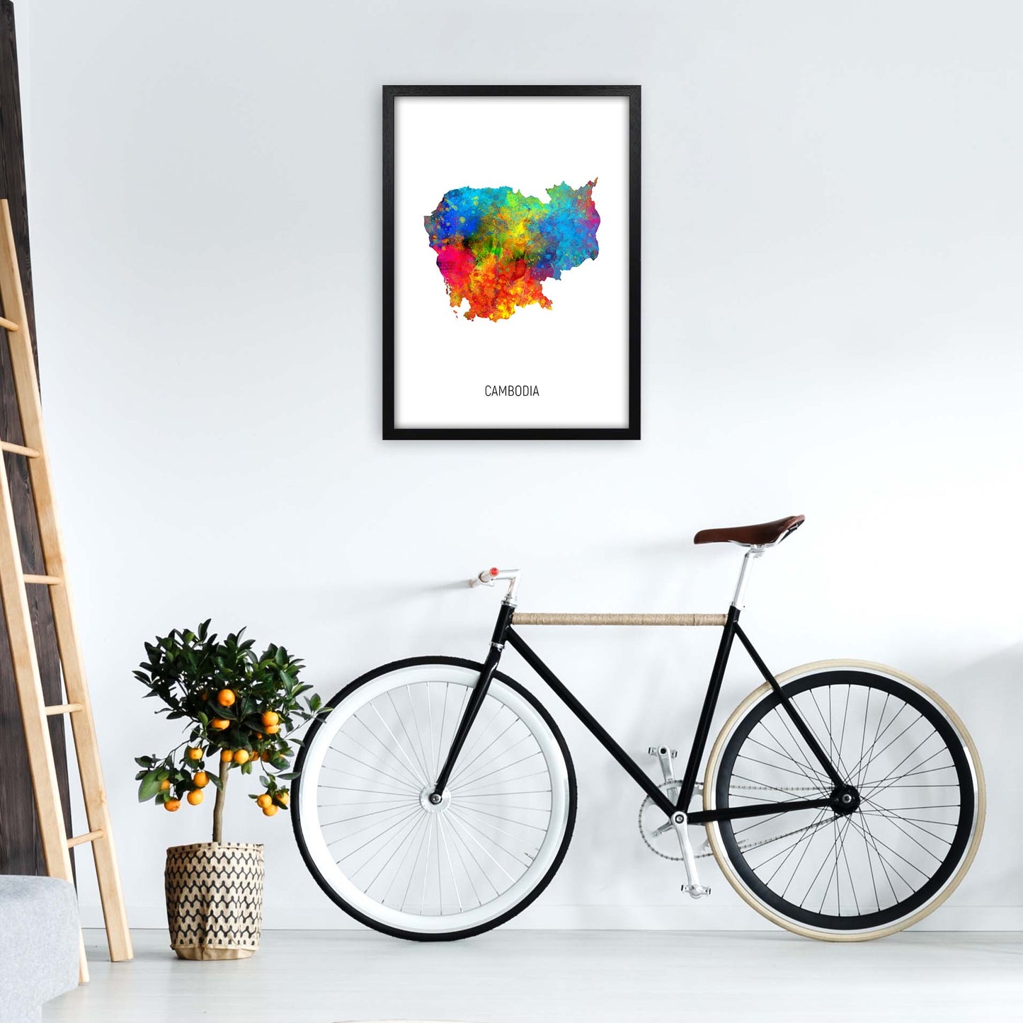 Cambodia Watercolour Map Art Print by Michael Tompsett A2 White Frame