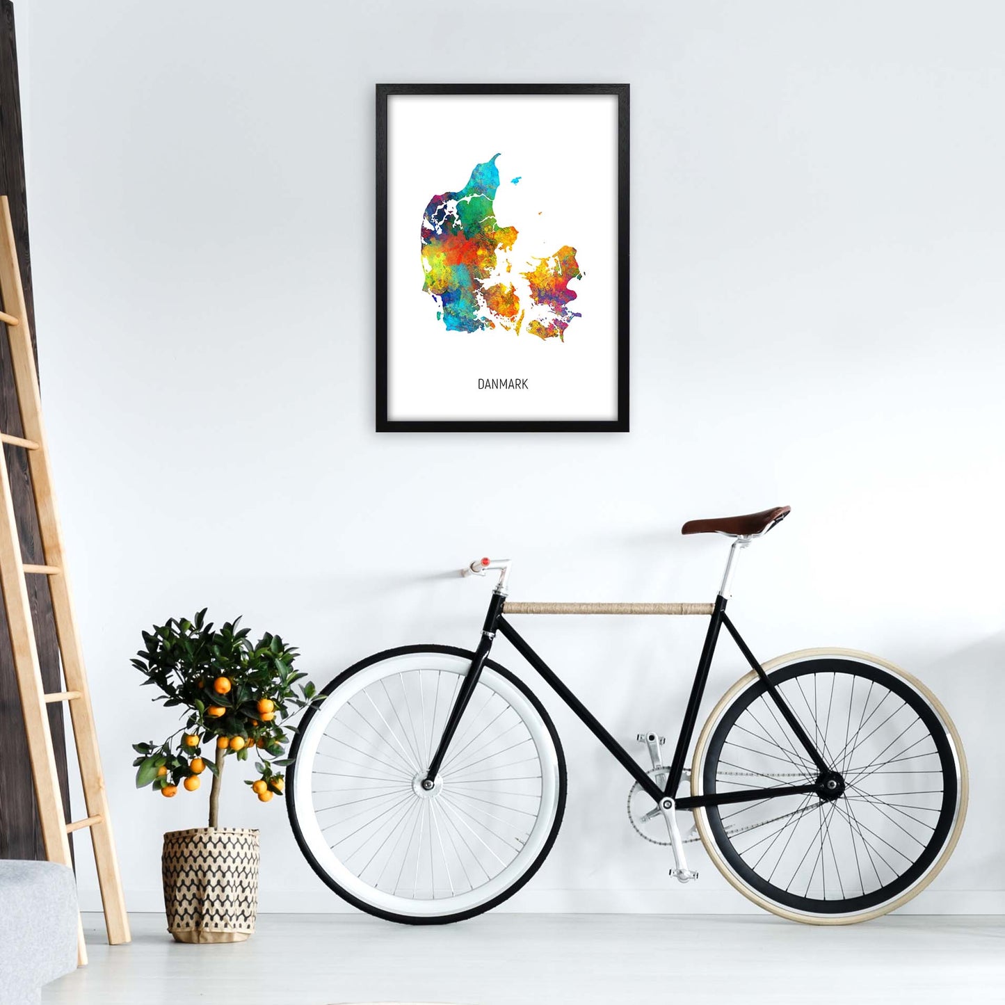 Danmark Watercolour Map Art Print by Michael Tompsett A2 White Frame