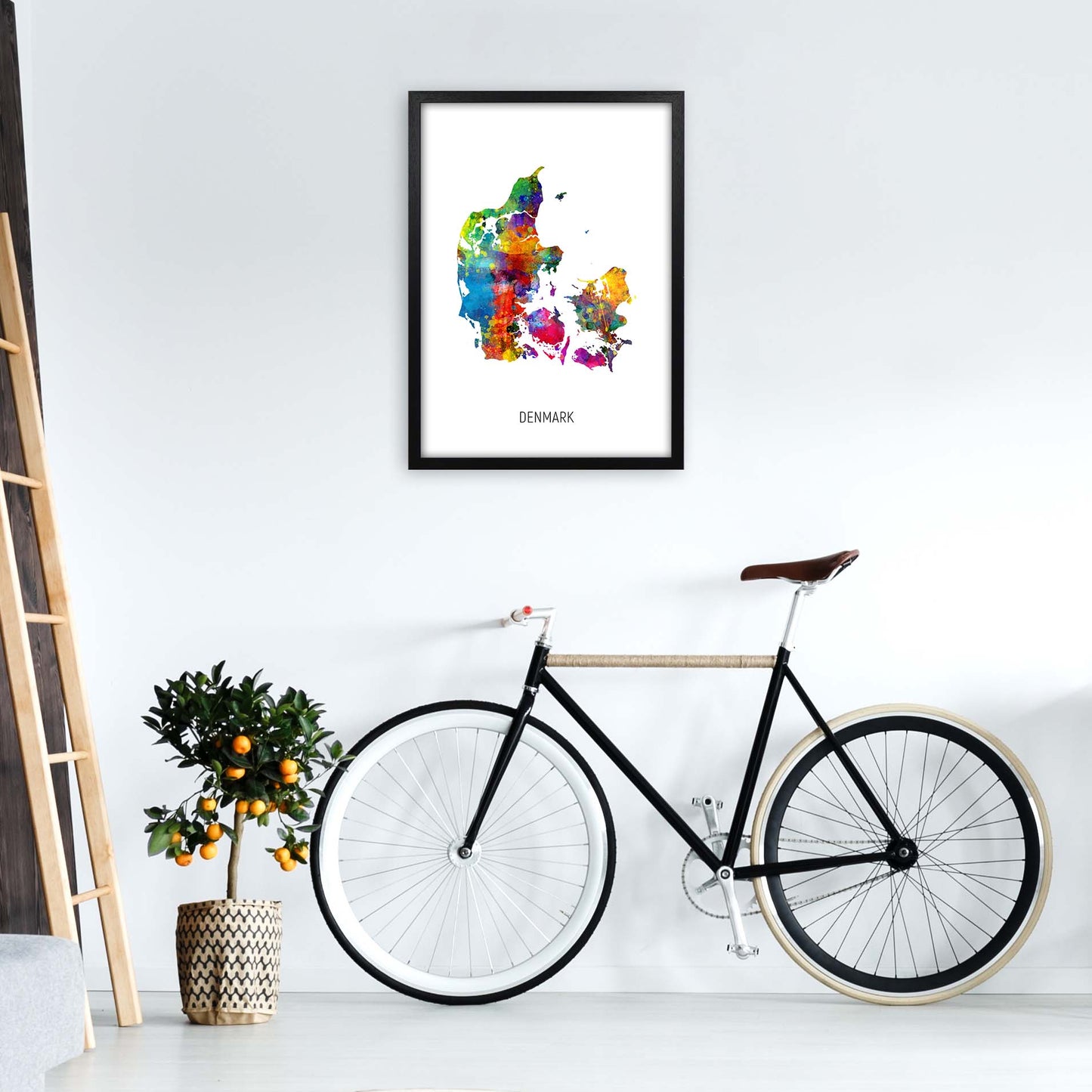 Denmark Watercolour Map Art Print by Michael Tompsett A2 White Frame