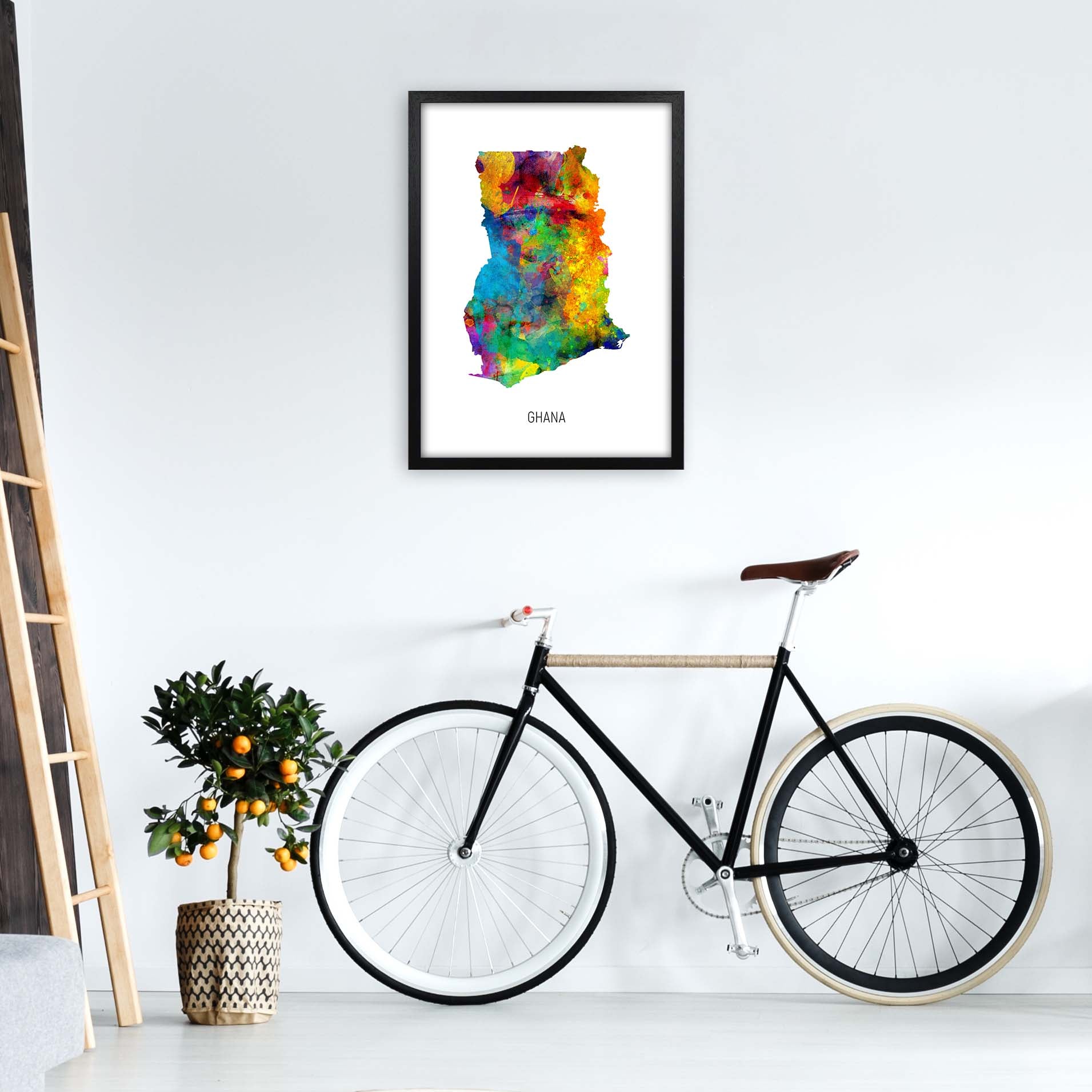 Ghana Watercolour Map Art Print by Michael Tompsett A2 White Frame