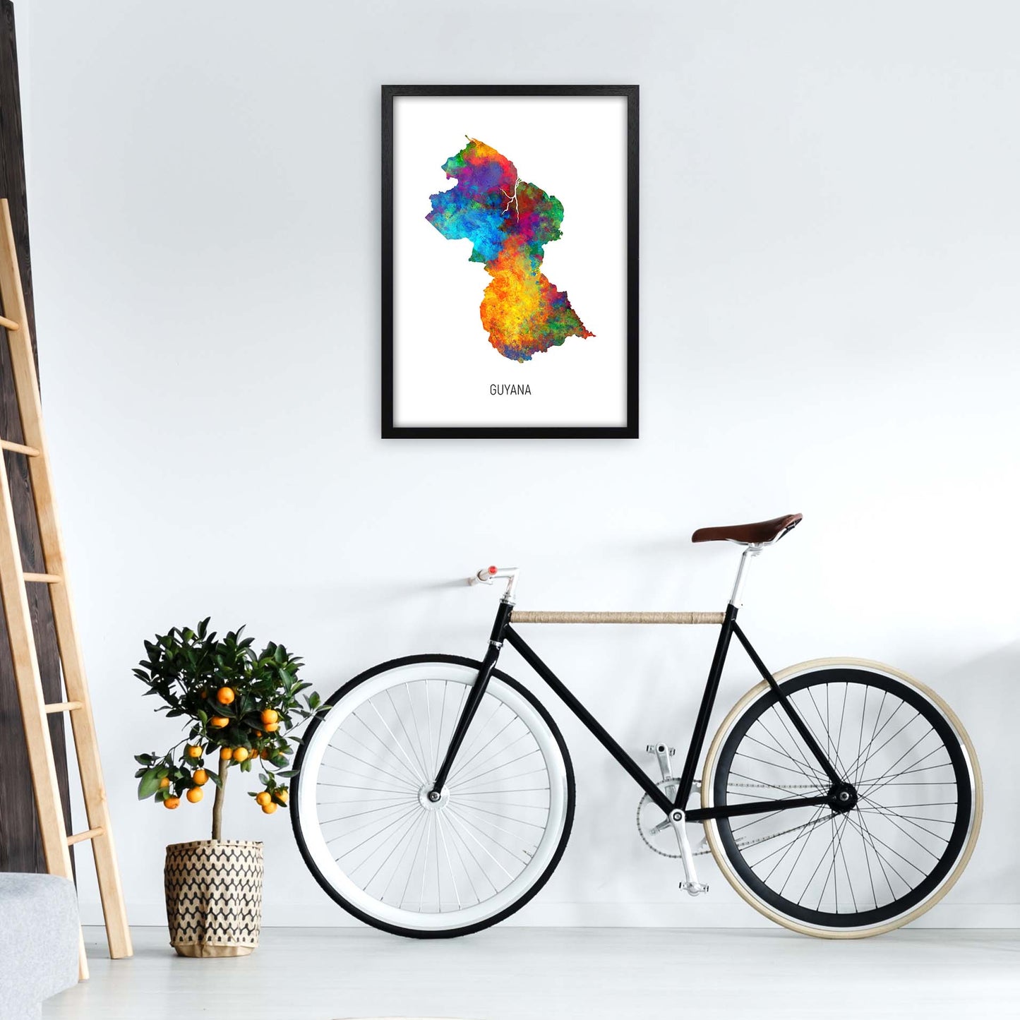 Guyana Watercolour Map Art Print by Michael Tompsett A2 White Frame