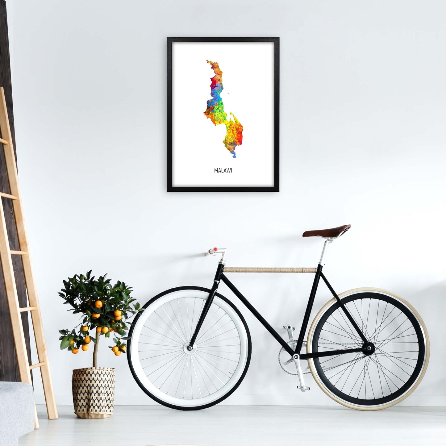 Malawi Watercolour Map Art Print by Michael Tompsett A2 White Frame
