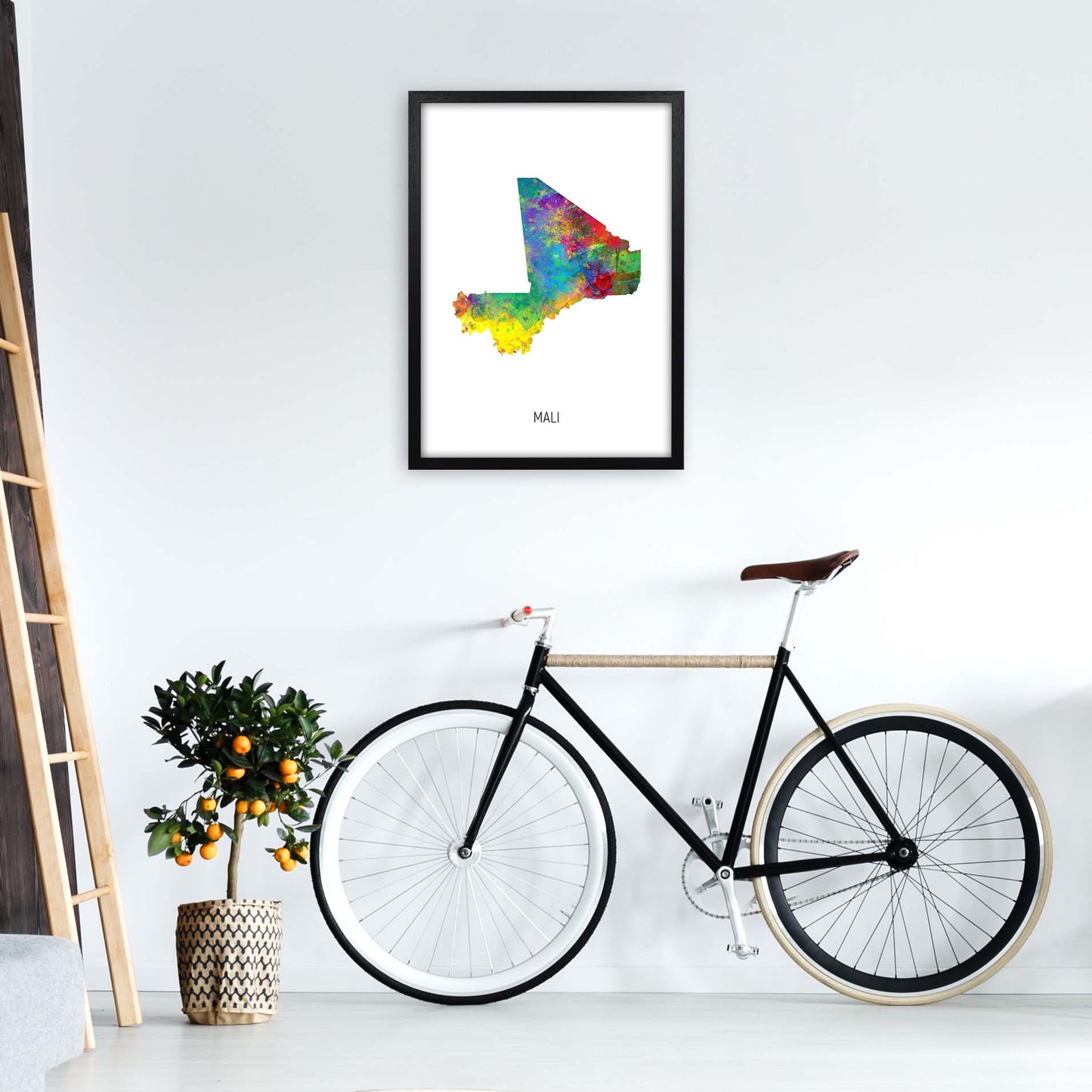 Mali Watercolour Map Art Print by Michael Tompsett A2 White Frame
