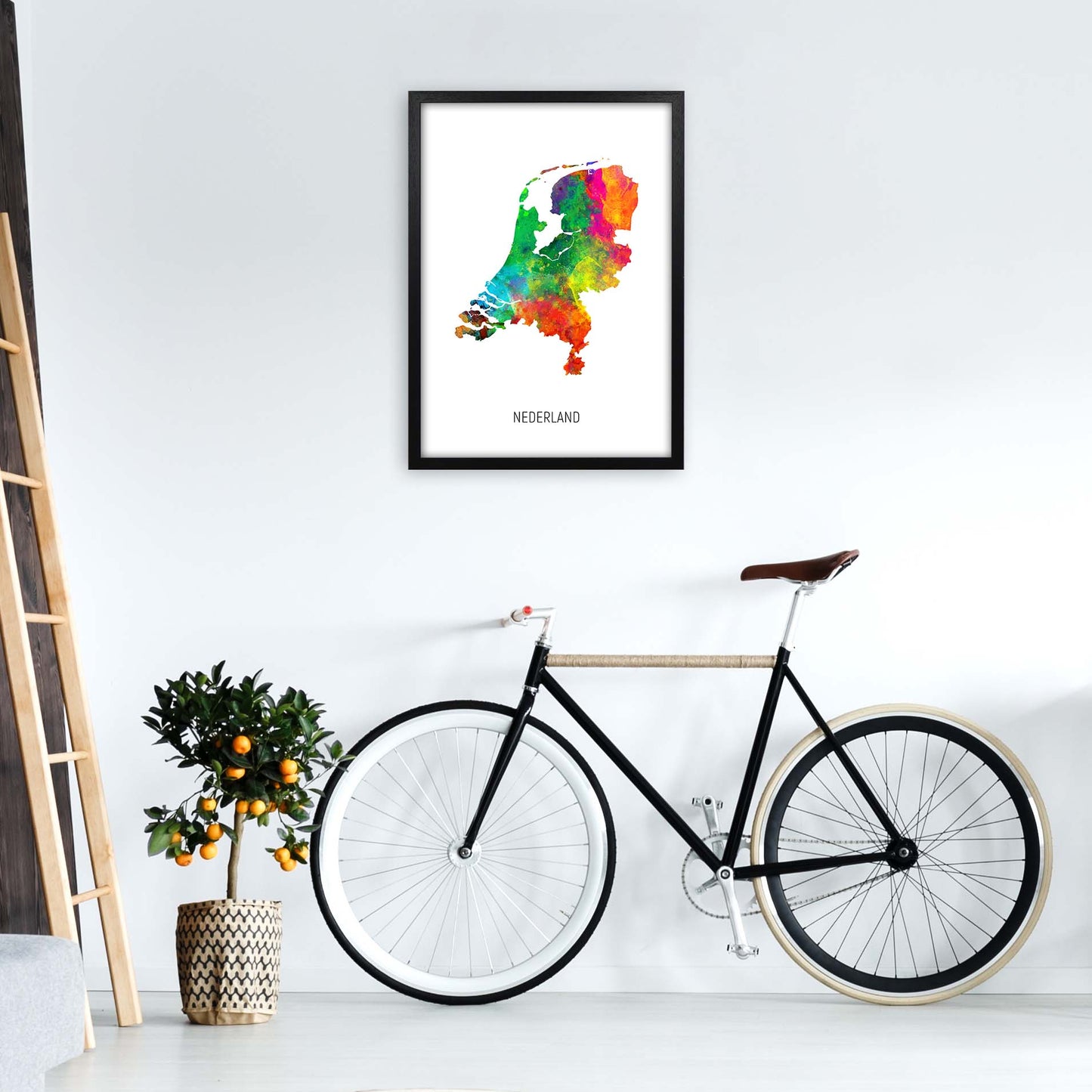 Nederland Watercolour Map Art Print by Michael Tompsett A2 White Frame