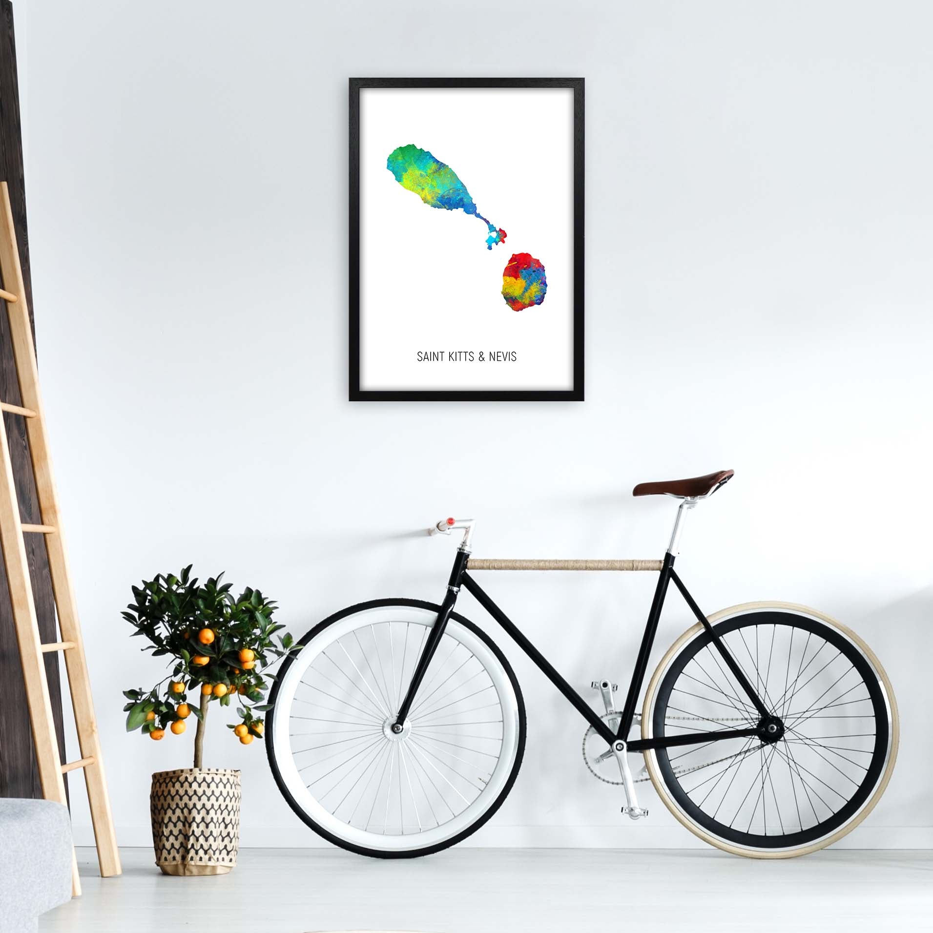 Saint Kitts And Nevis Watercolour Map  by Michael Tompsett A2 White Frame