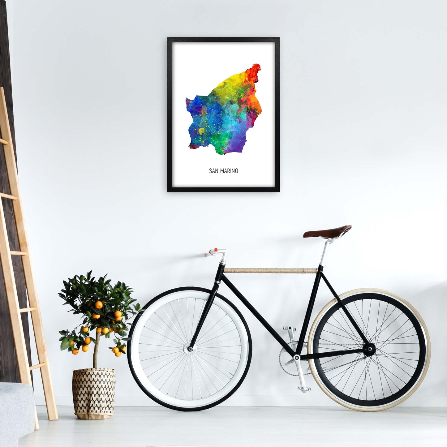 San Marino Watercolour Map Art Print by Michael Tompsett A2 White Frame