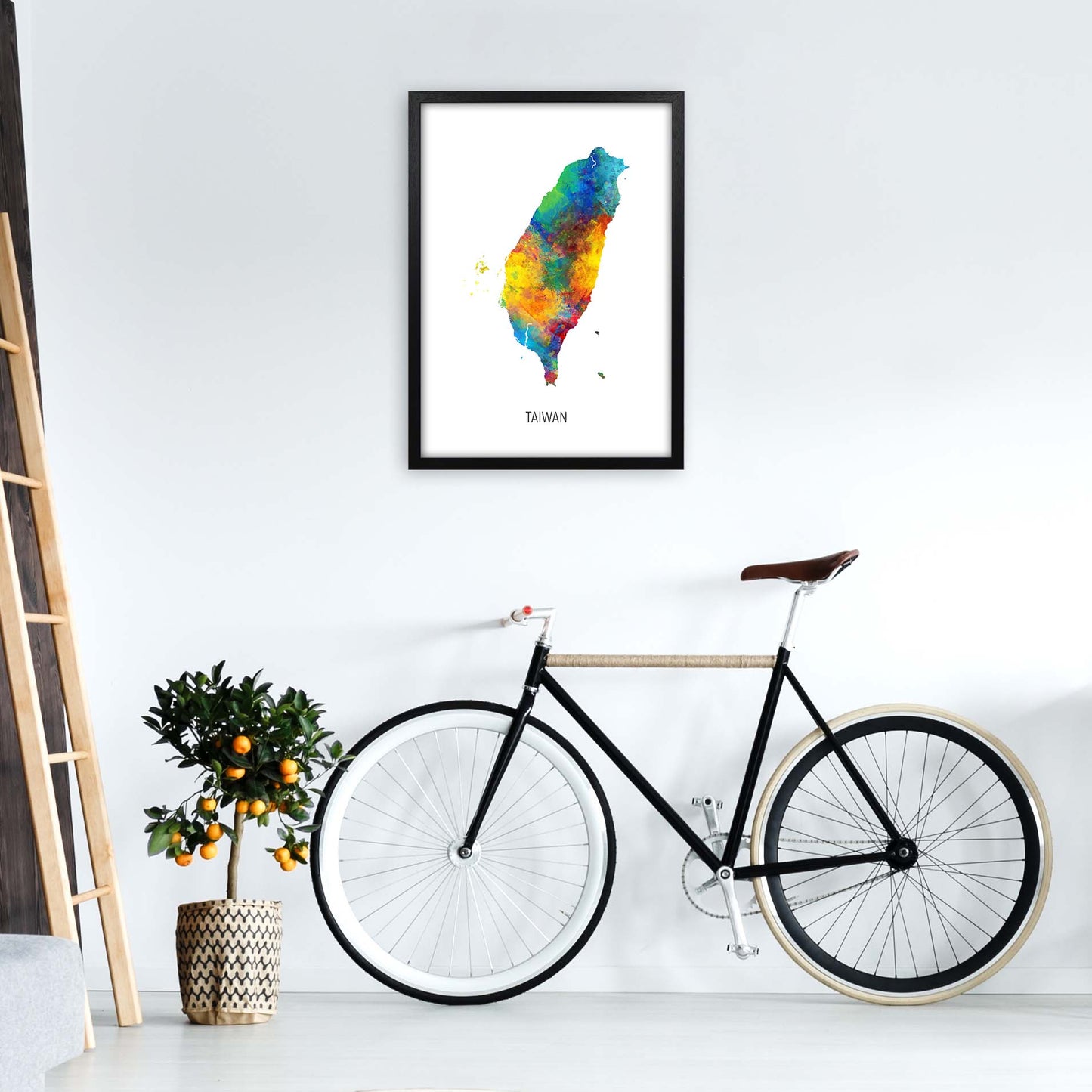 Taiwan Watercolour Map Art Print by Michael Tompsett A2 White Frame