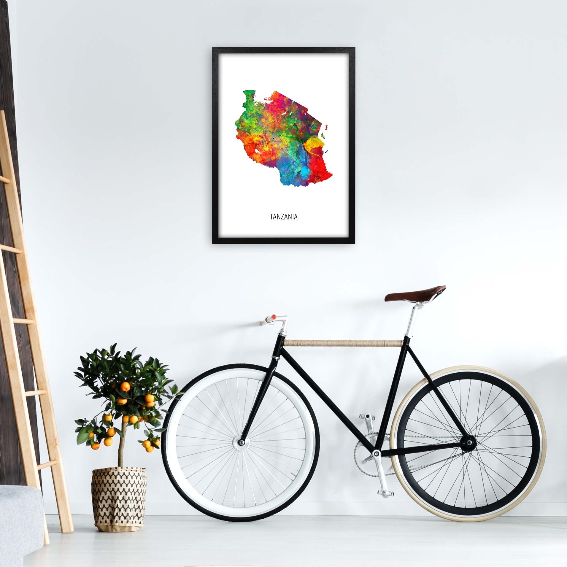 Tanzania Watercolour Map Art Print by Michael Tompsett A2 White Frame