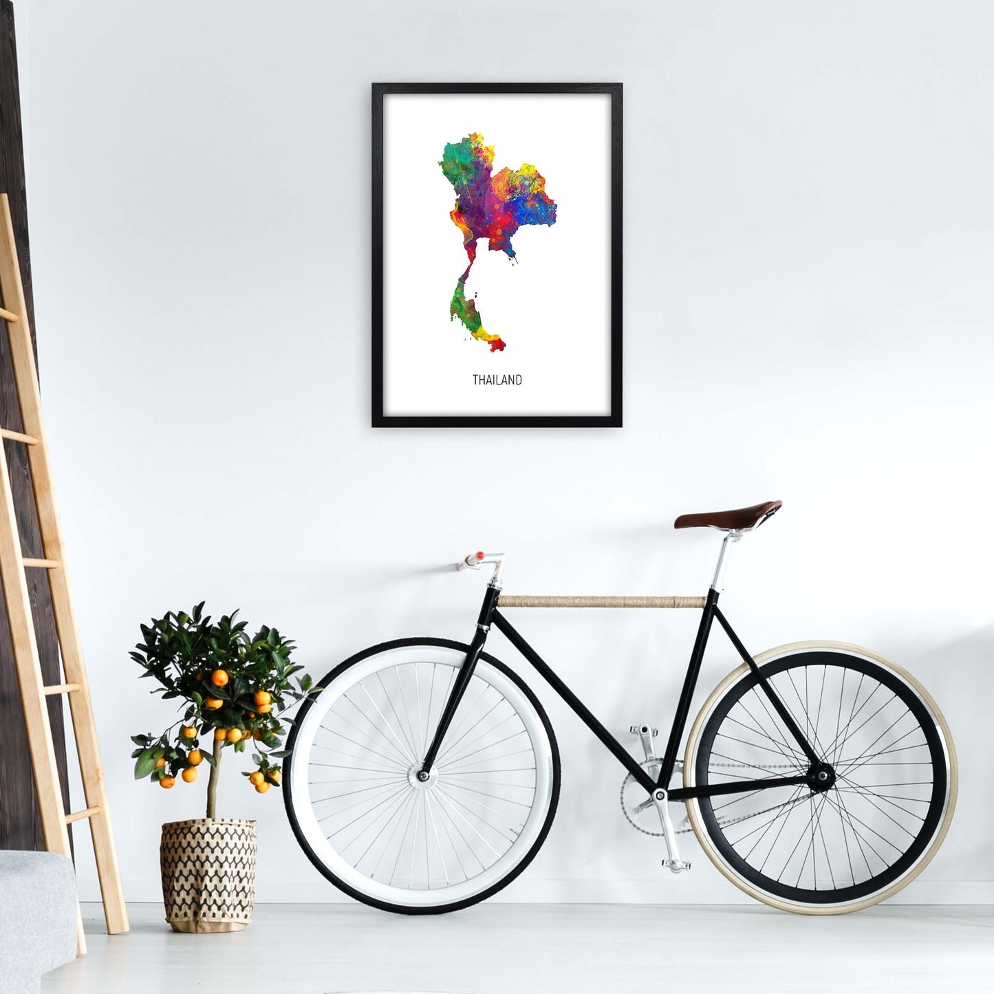 Thailand Watercolour Map Art Print by Michael Tompsett A2 White Frame
