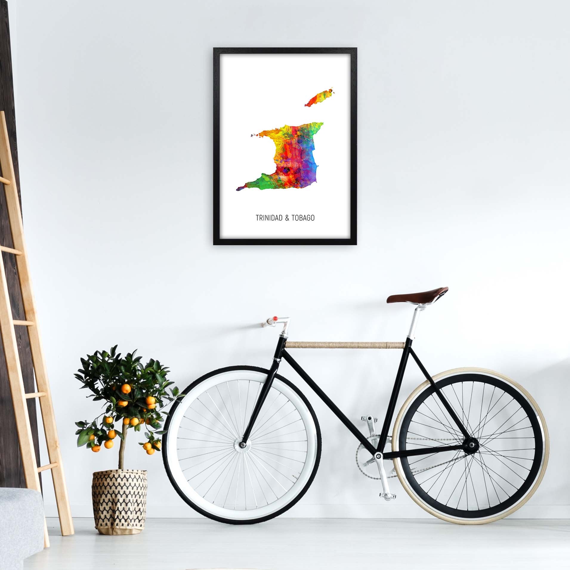 Trinidad And Tobago Watercolour Map Print by Michael Tompsett A2 White Frame