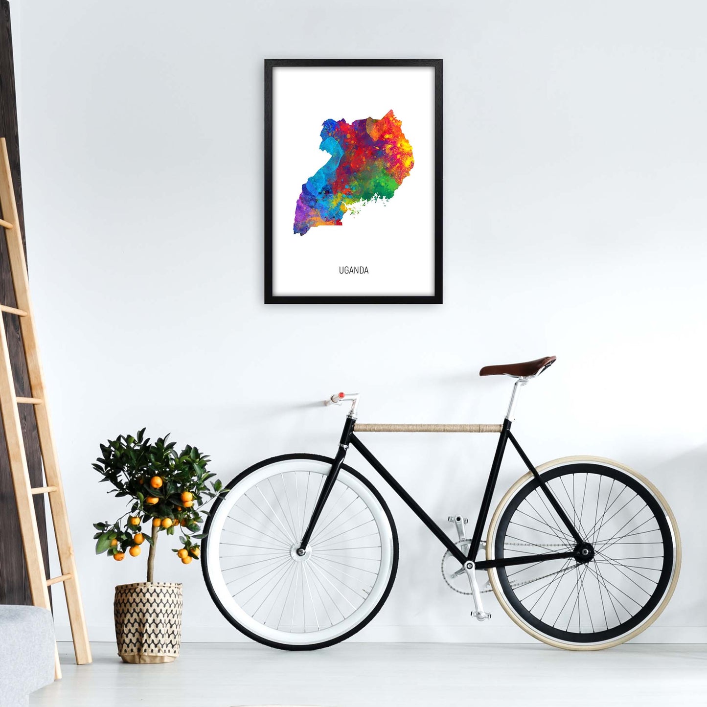 Uganda Watercolour Map Art Print by Michael Tompsett A2 White Frame