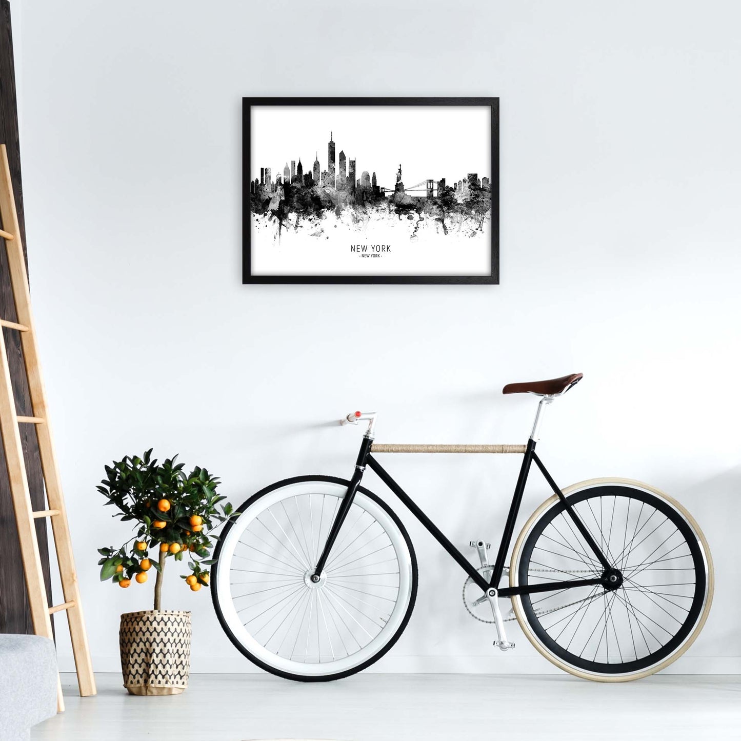 New York New York Skyline Black White City Name by Michael Tompsett A2 White Frame