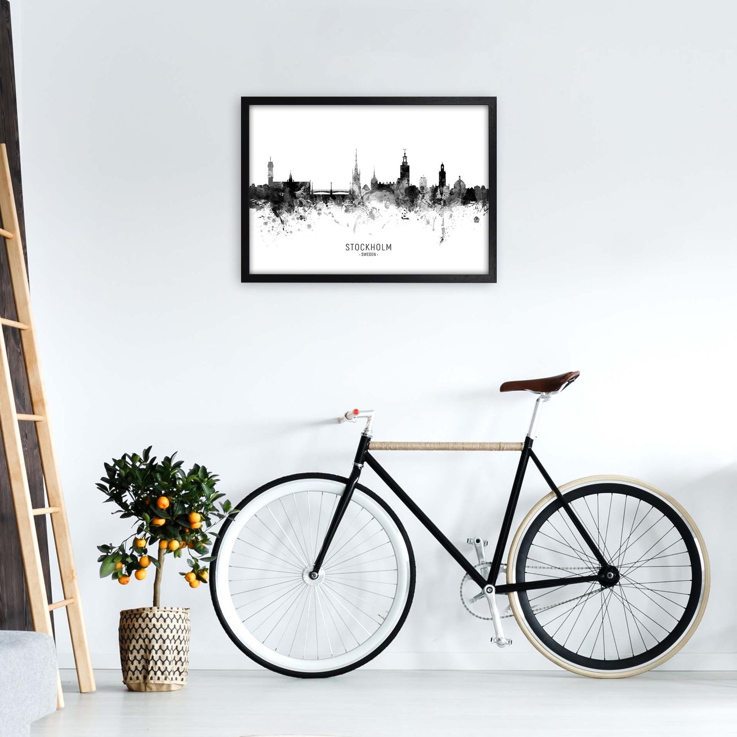 Stockholm Sweden Skyline Black White City Name by Michael Tompsett A2 White Frame