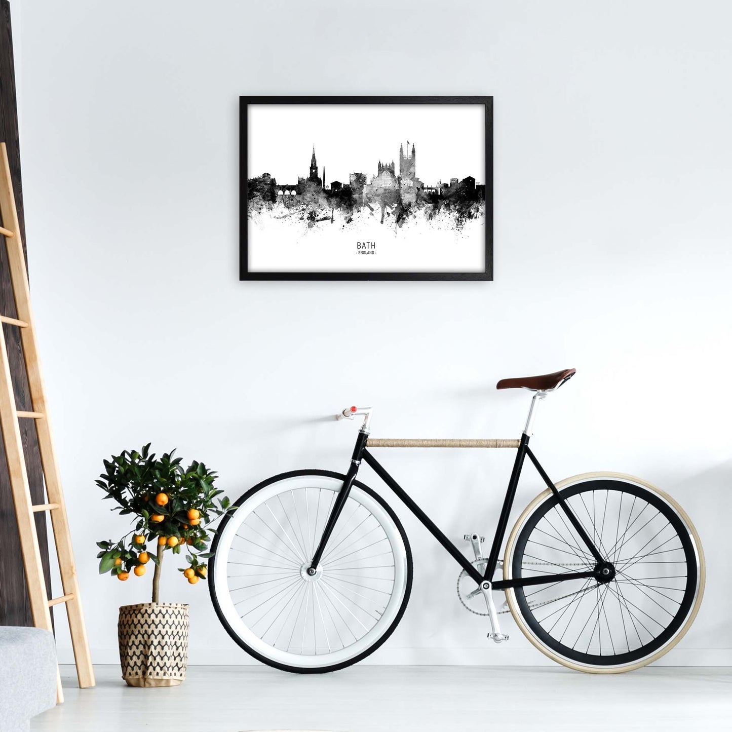 Bath England Skyline Black White City Name by Michael Tompsett A2 White Frame