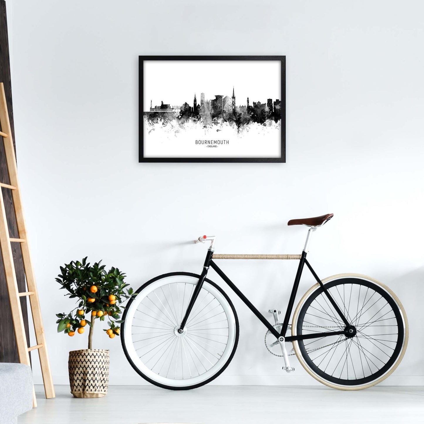 Bournemouth England Skyline Black White City Name by Michael Tompsett A2 White Frame
