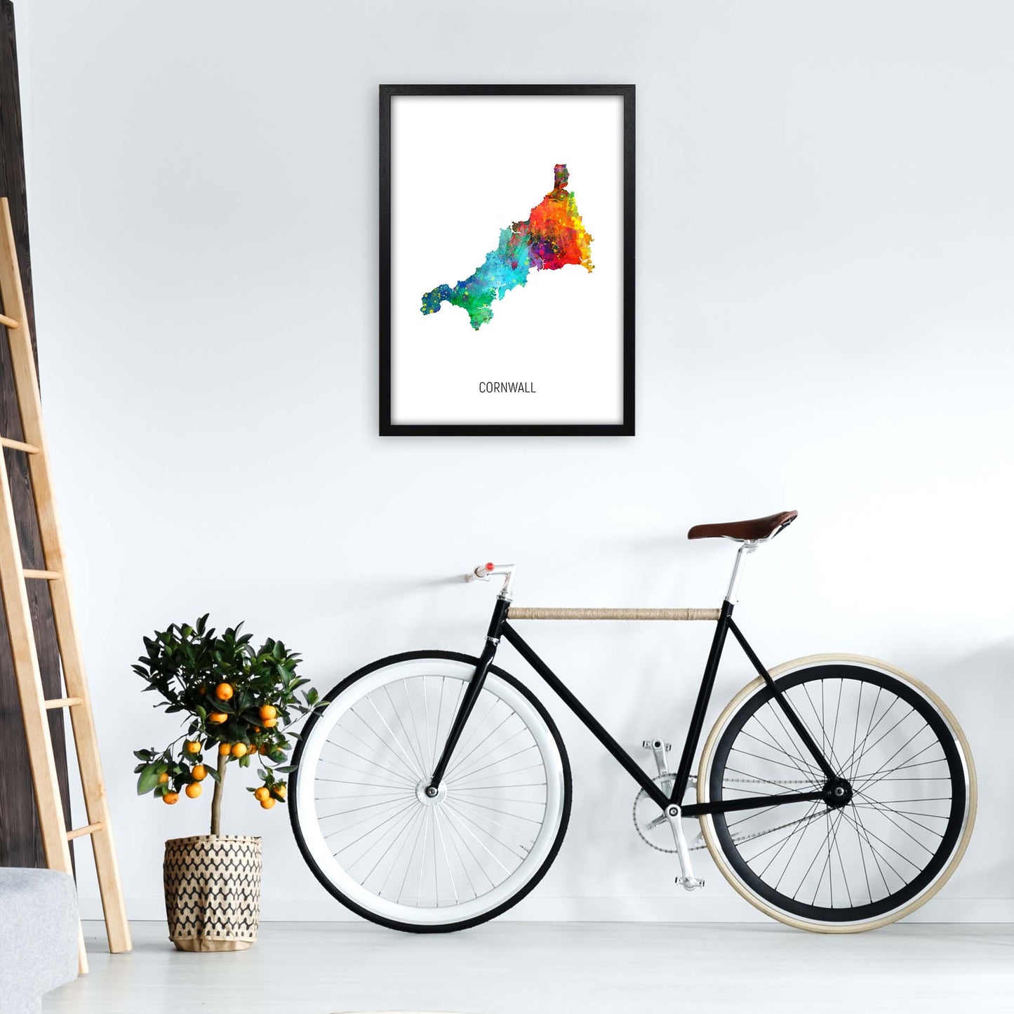 Cornwall Watercolour Map Art Print by Michael Tompsett A2 White Frame