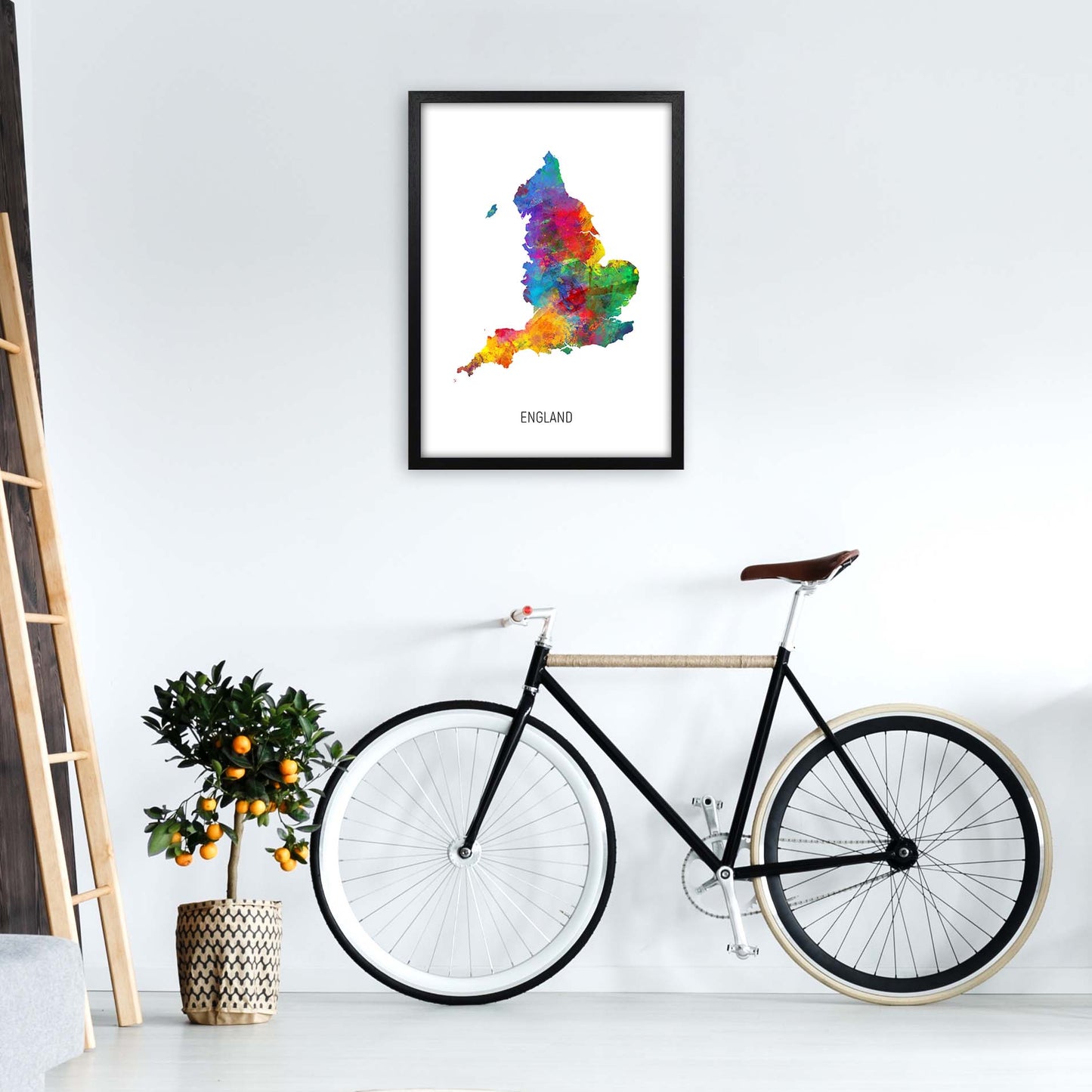 England Watercolour Map Art Print by Michael Tompsett A2 White Frame