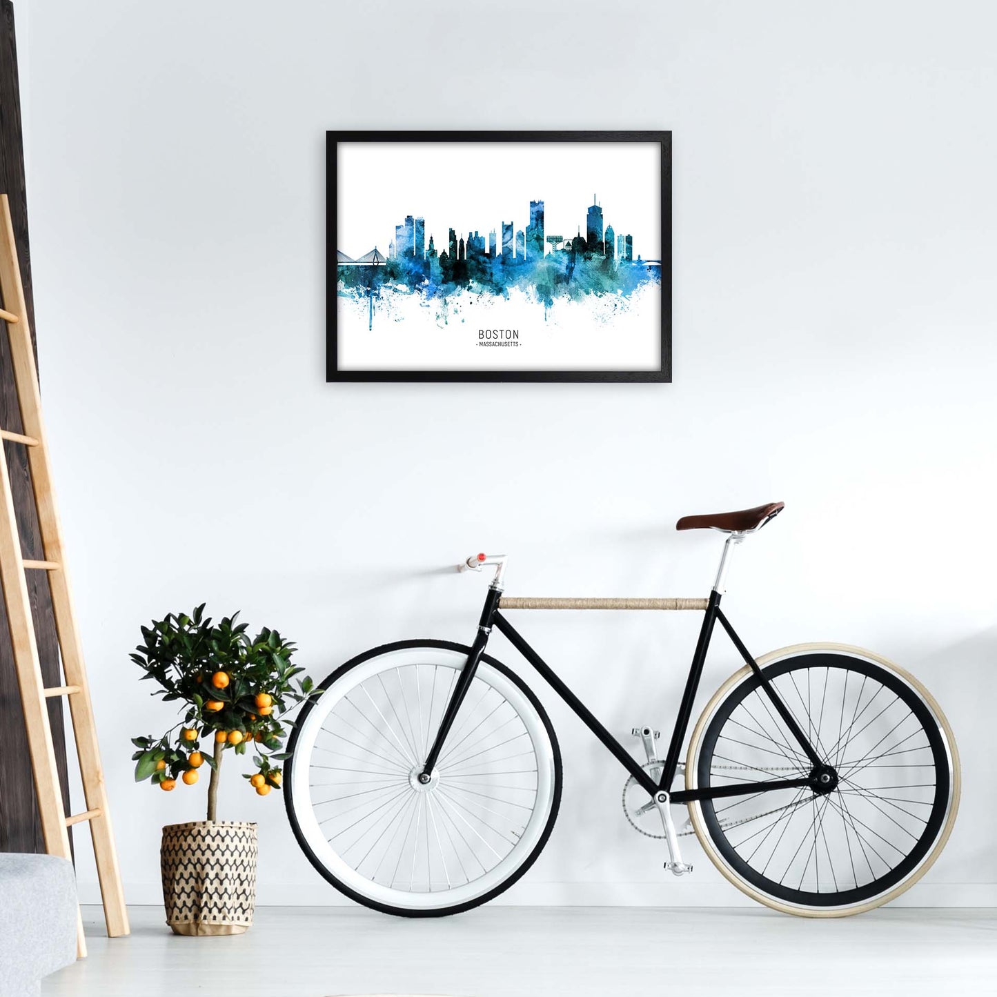 Boston Massachusetts Skyline Blue City Name by Michael Tompsett A2 White Frame