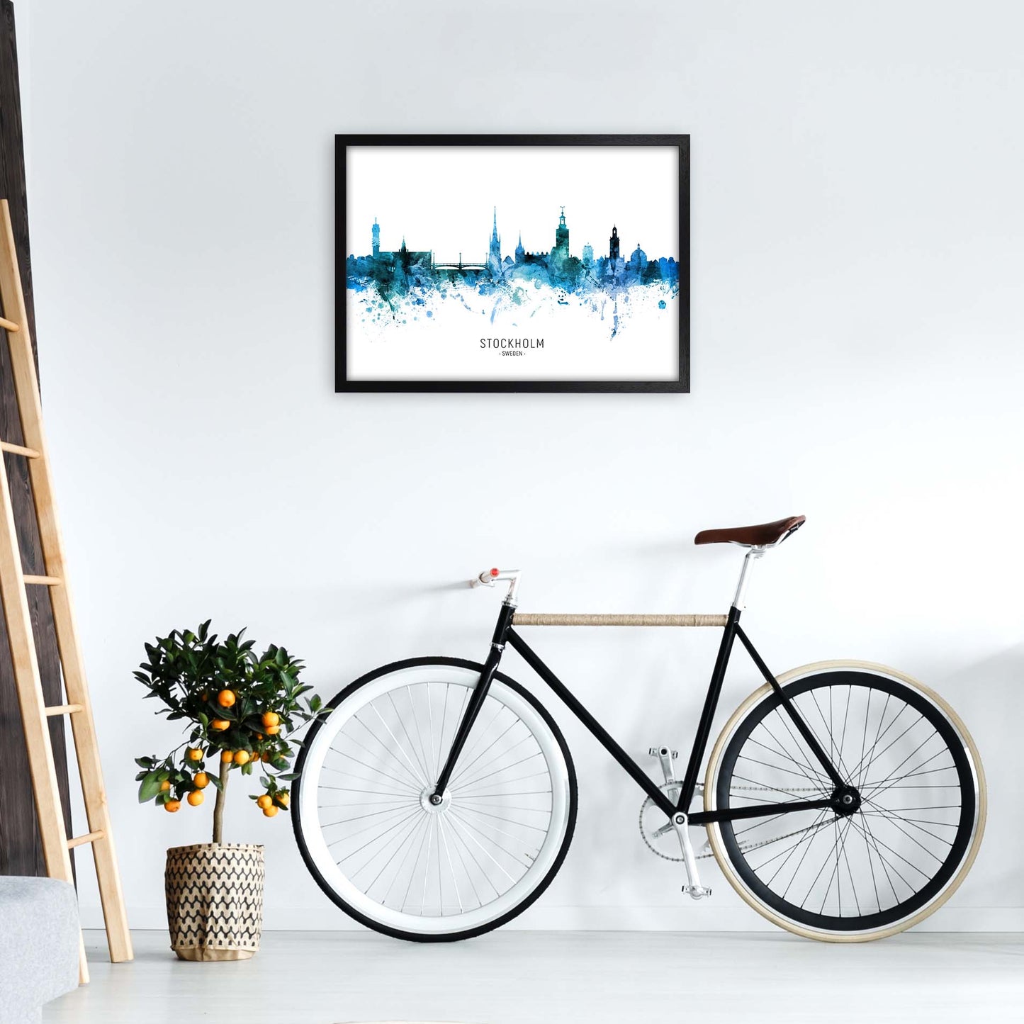 Stockholm Sweden Skyline Blue City Name by Michael Tompsett A2 White Frame