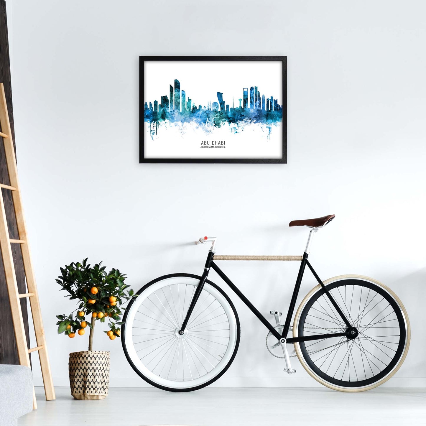 Abu Dhabi United Arab Emirates Skyline Blue City Name by Michael Tompsett A2 White Frame