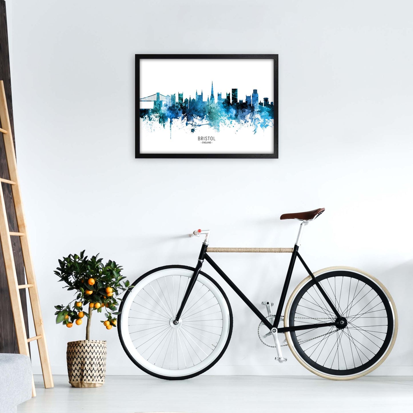 Bristol England Skyline Blue City Name by Michael Tompsett A2 White Frame
